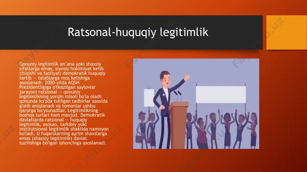 hirish faoliyatining o‘ziga xos shaklidir. u jamiyat hayotida alohida o‘rinni egallaydi. bu shu bilan belgilanadiki, siyosiy hokimiyat jamiyat va davlat hayotini bir butunligicha va yaxlitligicha qamrab oladi, uni yo‘naltiradi hamda tartibga soladi, hokimiyatning boshqa ko‘rinishlarini birlashtiradi, ularni xalq manfaatlariga bo‘ysundiradi. jamiyat hayotini siyosiy hokimiyatsiz tasavvur etib bo‘lmaydi. odamlar hokimiyatni yaxshi ko‘radilar, hokimiyatni ko‘pchilikka bering, ular ozchilikni eza boshlaydilar, hokimiyatni ozchilikka bering, ular ko‘pchilikni eza boshlaydilar. shuning uchun ham hokimiyat ular o‘rtasida teng bo‘linishi va shunday bo‘linishi kerakki, toki har ikki tomon o‘zini boshqasidan himoya qila olsin. a.gamilton shunday qilib siyosiy hokimiyatni takomillashtirishni birinchi yo’li hokimiyatni to’g’ri taqsimlashdir.bu jamiyat va davlat o’rtasidagi muammolarni yechimi topishda ilk qadam vazifasini bajaradi. “ ” pozitiv munosabatni ushlab turish siyosiy hokimiyatni takomillashtirishning ikkinchi yo’li jamiyat o’rasida doimo hokimiyatga nisbatan pozitiv kayfiyatni ushlab turish.albatta buning to’laqonli iloji yo’q ammo jamiyat orasidagii norasmiy liderlar yordamida muvozatda ushlab turish.agar bunday amaliyot qo’llanilmasa ertaga davlat va jamiyat parokanda bo’ladi …