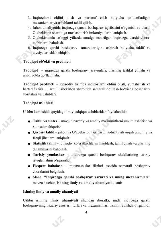 sharoitida samarali boshqaruv qarorlarini qabul qilishda foydalanilishi mumkin. bundan tashqari, taklif etilgan mexanizmlar va yondashuvlar o‘zbekiston iqtisodiy tizimida inqiroz xavfini kamaytirish, barqaror o‘sishni ta’minlash va iqtisodiy xavfsizlikni mustahkamlashga xizmat qiladi. i bob. inqirozga qarshi boshqaruvning nazariy asoslari 1.1. inqiroz tushunchasi, turlari va kelib chiqish sabablari inqiroz tushunchasi inqirozga qarshi boshqaruvning asosiy elementlaridan biri boʻlib, u tashkilot yoki korxona faoliyatida kutilmagan va salbiy taʼsir koʻrsatadigan hodisani ifodalaydi, bu hodisa tashkilotning mavjudligini xavf ostiga qoʻyishi, uning obroʻsiga putur yetkazishi va tez qaror qabul qilishni talab qilishi mumkin. inqirozning asosiy belgilari quyidagilardir: u tashkilotga tahdid soladi, kutilmaganligi bilan ajralib turadi va qisqa vaqt ichida choralar koʻrishni majbur qiladi, chunki u sabablari, oqibatlari va yechimlari noaniq boʻlgan jarayon boʻlib, eski tizimni saqlab qolish imkonsiz boʻlgan oʻzgarishlarni keltirib chiqaradi. masalan, inqiroz tashkilotning moliyaviy holatini buzishi, xodimlarning ruhiyatini pasaytirishi va tashqi muhit bilan munosabatlarini murakkablashtirishi mumkin, bu esa tashkilotning uzoq muddatli omon qolishiga tahdid soladi. inqirozning …