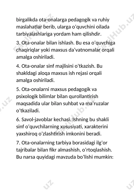 ’zaki jurnal. v) faol ota-onalarning tarbiyaviy ish tajribalari bilan boshqa sinf rahbarlarini tanishtirish kabi ishlar olib borilishi lozim. sinf rahbarining ota-onalar bilan olib boradigan ishlari g’oyat keng, ko’p qirrali bo’lib, bu ishlar faqat sinf va maktab miqyosi bilan cheklanmaydi, aksincha turar joylardagi va o’quvchining ota-onasi ishlab turgan korxonadagi jamoatchilik bilan ham yaqin aloqada bo’lishni taqozo etadi. bizning yosh avlod xalqimizniig inqilobiy, mehnat, jangovar an’analarini o’zlashtirib, o’ziga katta avlodning eng yaxshi fazilatlarini — g’oyaviy e’tiqod va matonatni, vatanga muhabbatni, uning iqtisodiy, siyosiy va jangovar qudratini mustahkamlashda ishtirok etishga intilishni singdiribgina o’z bobolari va otalari ishini davom ettira va ko’paytira oladi. bu ishda ota-onalar ayniqsa muhim o’rin tutishlari kerak. buni barcha sinf rahbarlari nazarda tutishlari muhimdir, bunda shaxsning huquqiy yetukligi shaxs ijtimoiylashuvining mahsuli ekanligini har bir oilaga tushuntirish g’oyat muhimdir. oila shaxs uchun uning ijtimoiylashuv jarayoni ro’y beradigan, uning axloqi, dunyoqarashi asoslari va hokazolar tarkib topadigan dastlabki va nihoyatda muhim ahamiyatga ega …