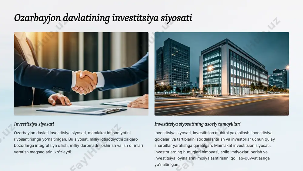 oshiradi. iqtisodiy rivojlanish ozarbayjonning tez sur'atlarda rivojlanayotgan iqtisodiyotini hisobga olgan holda, investitsiyalar uchun katta imkoniyatlar ochiladi. ozarbayjon investitsiya loyihalarining asosiy yo'nalishlari ozarbayjon investitsiya loyihalarining asosiy yo'nalishlari - energiya, turizm, qishloq xo'jaligi, infratuzilma, sanoat, texnologiya va xizmat ko'rsatish sohasi. ushbu sohalar iqtisodiyotni diversifikatsiya qilish va rivojlantirish uchun keng imkoniyatlar taqdim etadi. energetika neft va gaz qazib olish va qayta ishlash loyihalari investitsiyalar uchun muhim yo'nalish hisoblanadi. turizm mehmonxonalar, kurortlar, sayyohlik markazlari va infrastruktura loyihalari investitsiyalarni jalb qilmoqda. sanoat qayta ishlash sanoati, metallurgiya va boshqa sanoat tarmoqlari investitsiyalar uchun katta salohiyatga ega. infratuzilma yo'l, temir yo'l, energiya va aloqa tarmoqlari rivojlanishi investitsiyalarni talab qiladi. ozarbayjon investitsiya loyihalarini moliyalashtirish manbaalari ozarbayjon investitsiya loyihalarini moliyalashtirish uchun turli xil manbalar mavjud - xorijiy to'g'ridan-to'g'ri investitsiyalar, grantlar, kreditlar va davlat investitsiyalari. turli moliyalashtirish manbalaridan foydalanish investitsiya loyihalarining samaradorligini oshiradi. xorijiy to'g'ridan-to'g'ri investitsiyalar xalqaro investorlarning bevosita kompaniyalarga yoki loyihalarga investitsiyalari grantlar xorijiy davlatlar va tashkilotlar tomonidan beriladigan …