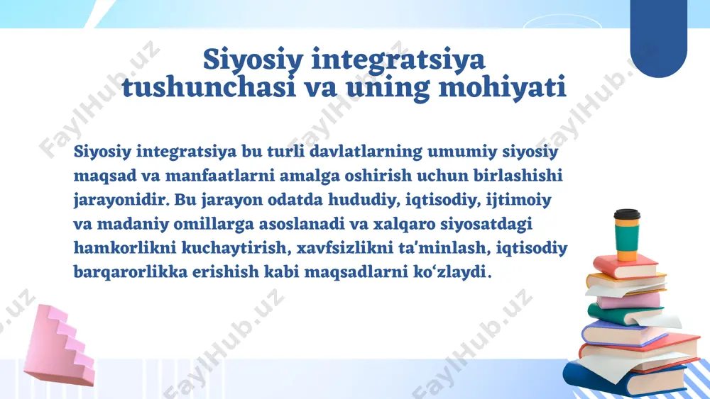 xillik: turli davlatlarning madaniyati va milliy identifikatsiyasi integratsiyani murakkablashtiradi. o‘zbekistonda siyosiy integratsiya jarayoni va uning ahamiyati o‘zbekistonning mintaqaviy integratsiyadagi o‘rni: markaziy osiyo davlatlari bilan hamkorlik: o‘zbekiston mustaqil bo‘lgandan so‘ng, mintaqada siyosiy, iqtisodiy va ijtimoiy jihatdan yangi imkoniyatlar paydo bo‘ldi. o‘zbekistonning markaziy osiyo davlatlari bilan aloqalari juda muhimdir, chunki bu mintaqa o‘zbekistonning iqtisodiy o‘sishi, savdo, transport va xavfsizlik siyosatining asosiy yo‘nalishlarini belgilaydi. xalqaro tashkilotlardagi faol ishtirok: o‘zbekiston mustaqil davlat sifatida turli xalqaro tashkilotlarda faol qatnashmoqda. bu o‘z o‘rnida mamlakatning siyosiy integratsiyasini kuchaytiradi. o‘zbekiston bmt, shht (shanxay hamkorlik tashkiloti), mdh (mustaqil davlatlar hamdo‘stligi), oeks (iqtisodiy hamkorlik tashkiloti) kabi tashkilotlarda ishtirok etib, o‘zining siyosiy va iqtisodiy manfaatlarini himoya qilmoqda. transport va savdo sohasidagi yutuqlar: o‘zbekistonning integratsiya jarayonida alohida ahamiyatga ega bo‘lgan sohalardan biri transport va logistika hisoblanadi. o‘zbekiston geografik jihatdan afg‘oniston, xitoy, rossiya va eron kabi mamlakatlar bilan chegaradosh bo‘lib, markaziy osiyodagi savdo va transport yo‘llarining markaziga aylangan. integratsiya jarayonidagi yutuqlar energetika sohasidagi …