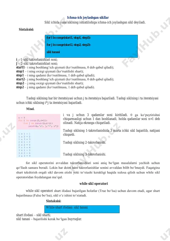 natijani chiqardi. tashqi siklning 2-takrorlanishi. tashqi siklning 3-takrorlanishi. for sikl operatorini avvaldan takrorlanishlari soni aniq bo‘lgan masalalarni yechish uchun qo‘llash samara beradi. lekin har doim ham takrorlanishlar sonini avvaldan bilib bo‘lmaydi. faqatgina shart tekshirish orqali sikl davom etishi yoki to‘xtashi kerakligi haqida xulosa qilish uchun while sikl operatoridan foydalangan ma’qul. while sikl operatori while sikl operatori shart ifodasi bajarilgan holatlar (true bo‘lsa) uchun davom etadi, agar shart bajarilmasa (false bo‘lsa), sikl o‘z ishini to‘xtatadi. sintaksisi: while shart ifodasi: sikl tanasi shart ifodasi – sikl sharti; sikl tanasi – bajarilishi kerak bo‘lgan buyruqlar. nazorat savollari : 1. qaysi operator python dasturlash tilida hisoblagich ko‘rinishida ishlaydi? 2. hisoblagich ko‘rinishida ishlovchi sikl operatorining sintaksisi qanday bo‘ladi? 3. start, stop, step vazifalarini tushuntiring. 4. qachon hisoblagich ko‘rinishidagi sikl operatorlaridan foydalanib bo‘lmaydi? 5. ichma-ich joylashgan sikllarda ikkala for operatori bir chiziqda joylashsa, dastur 6. to‘g‘ri ishlaydimi? s a v o l v a t o …