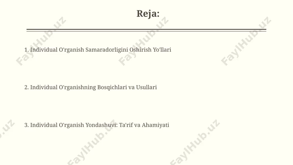 lash uchun 3 ta asosiy ko‘rsatkich – nazariy bilim, amaliy ko‘nikma va mustaqil ish natijalari tahlil qilinadi. muvaffaqiyat darajasini baholashda 5 balldan iborat shkala qo‘llanishi, har bir ballga ma’lum mezonlarning mos kelishi natijalarni ob’ektiv baholashga yordam beradi. kelajakdagi tendentsiyalar kelajakda individual o'rganish yondashuvi orqali 70% ga yaqin dasturlarni o'zlashtirish kuzatiladi, bu esa an'anaviy usullarga nisbatan sezilarli o'sishni ko'rsatadi. sun'iy intellekt asosidagi individual o'quv platformalari soni 2025 yilga borib 5 baravar ko'payadi va shaxsiylashtirilgan ta'limning yuqori samaradorligini ta'minlaydi. individual o'rganish uslublarini aniqlash o'quvchining kognitiv uslubi (analitik, intuitiv va boshqalar) va uning afzal ko'rgan axborot qabul qilish kanallari (vizual, audial, kinestetik)ni aniqlash individual o'rganish strategiyasini shakllantirishda 3 dan ortiq muhim omil hisoblanadi. individual o'rganish uslublarini aniqlash uchun kamida 5 ta turli xil test yoki anketadan foydalanish samaradorlikni 20% ga oshirishi mumkin, bu esa o'quv jarayonini individualizatsiyalashga yordam beradi. individual learningning mohiyati индивидуал ўрганиш моҳиятига кўра, ўқувчиларга 70% дан ортиқ мустақил иш вақти …