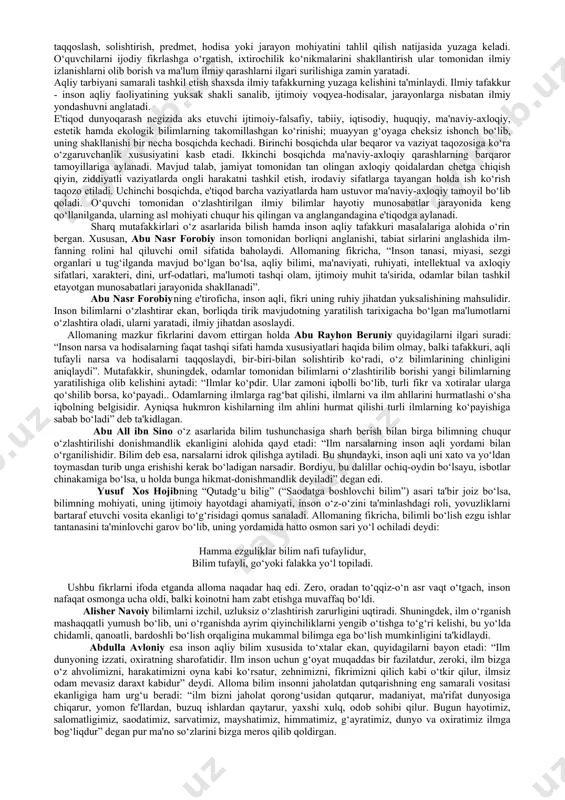 asi va boshqa davlatlarning ramzlariga hurmat bilan qarash, yosh avlodni o‘zbekiston respublikasining konstitutsiyasiga, bayrog‘iga, gerbiga, madhiyasiga, prezidentiga sadoqatli qilib tarbiyalash; – qonuniy jamoa axloqi va turmush qoidalariga hurmat bilan qarashni tarbiyalash, shaxsning noyob qirralarini belgilovchi fuqarolik va ijtimoiy mas'uliyat hislarini rivojlantirish, o‘zi yashayotgan mamlakatning ravnaqi, insoniyat taraqqiyotini barqaror saqlab qolish uchun fidoyilik, ekologik ta'lim-tarbiya; – mustaqil davlatimiz – o‘zbekiston respublikasining ichki va tashqi siyosatiga to‘g‘ri va xolisona baho berishga o‘rgatish. uning tinchliksevarlik, demokratiya va boshqa davlatlarning ichki ishlariga aralashmaslik, oshkora-ochiq tashqi siyosatiga va o‘z xalqining turmush darajasini oshirishga yo‘naltirilgan, fuqarolarni ijtimoiy himoya qiladigan ichki siyosatini to‘g‘ri tushuntirmoq kerak; – turmushda eng oliy qadriyat hisoblangan mehnatga ijodiy yondoshish fazilatlarini shakllantirish; – solom turmush tarziga intilishni tarbiyalash va rivojlantirish, munosib oila sohibi bo‘lish istagini shakllantirish; – yoshlarimizni erkin mustaqil fikrlashga o‘rgatish. tarbiyaning asosiy tizimi quyidagicha bo‘lishi lozim: – tarbiya – tarbiyalanuvchi shaxsini oliy ijtimoiy qadriyat deb tan olish, har bir bola, o‘smir …