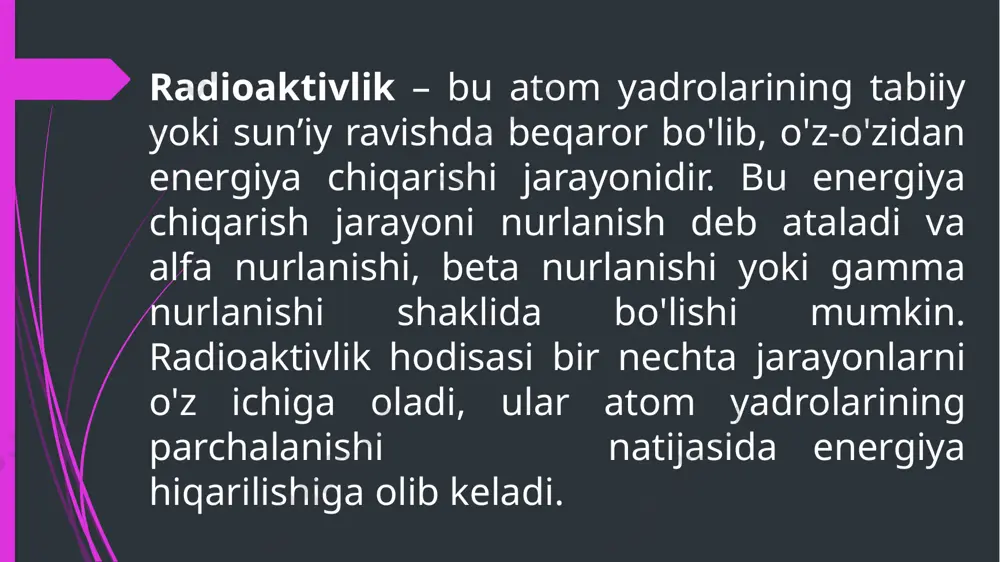 a bo'ladi . ushbu masala o'rganishga katta hissa ajoyib fizik qildi mari sklodowska - kyuri . bu 1898 yilda elementlar radiy va radyum kashf kim u edi . fiziklar tabiiy radioaktivlik tashqi sharoitlar ta'siri ostida o'zgarishi mumkin emas , deb ko'rsatdi . 03 sun'iy radioaktivlik 3-reja sun'iy radioaktivlik sun'iy radioaktivlik esa insonlar tomonidan yaratilib, tabiiy ravishda mavjud bo'lmagan izotoplarning yaratilishidir. bu jarayon asosan yadro reaktorlarida yoki boshqa yadro texnologiyalarida amalga oshiriladi. sun'iy radioaktivlikni tashkil etuvchi izotoplar odatda yadro bombardimoni (neutronlar, protonlar) yoki yadro reaksiyalari orqali yaratiladi. masalan: kobalt-60 (co-60) — bu sun'iy ravishda yaratilgan radioaktiv izotop bo'lib, u tibbiyotda, xususan, radioterapiya uchun ishlatiladi. iod-131 (i-131) — tibbiy tekshiruvlar va davolashda ishlatiladi. sun'iy radioaktivlikning asosiy xususiyati shundaki, bu moddalarning yarim umrini sun'iy tarzda qisqartirish yoki uzaytirish mumkin, shuningdek, ularning nurlanish xususiyatlari ham turlicha bo'lishi mumkin. tabiiy va sun'iy radioaktivlikning farqlari: manba: tabiiy radioaktivlik tabiiy ravishda yuzaga keladi, sun'iy radioaktivlik esa inson …