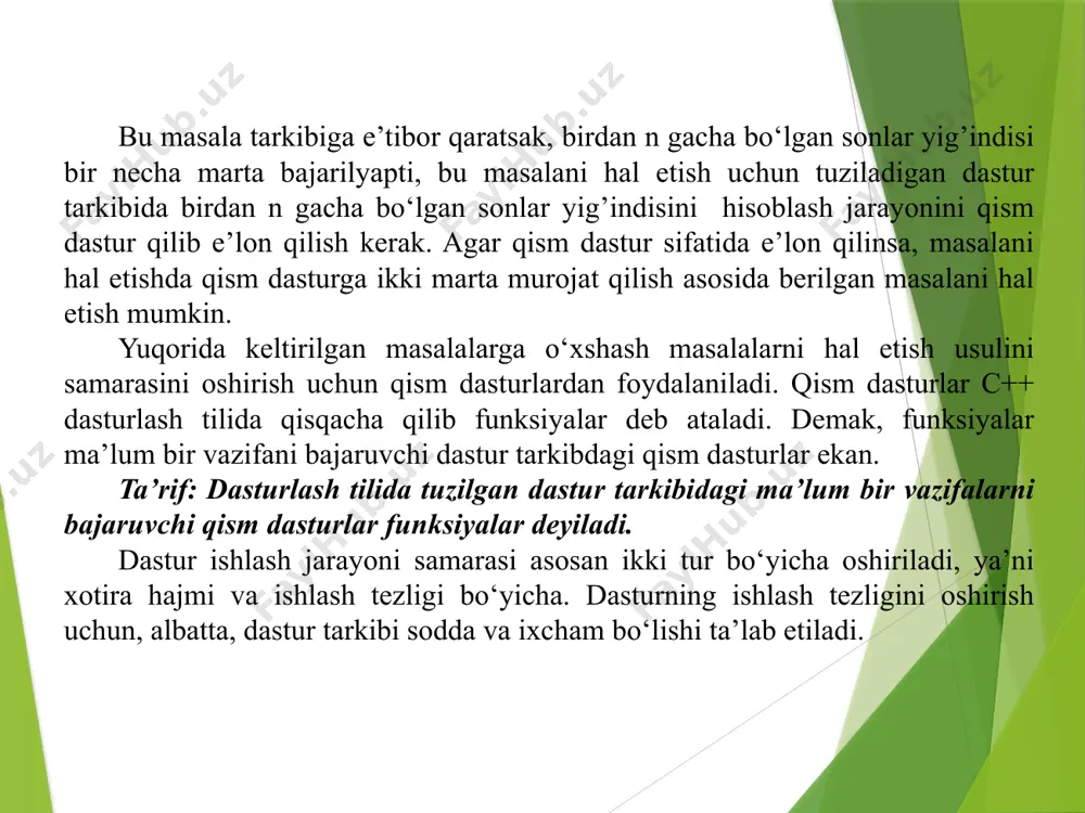 uyidagicha e’lon qilish kerak: birdan n gacha bo‘lgan butun sonlarning yig’indisini hisoblash uchun sum nomi bilan int sum(int n) funksiya yaratiladi. funksiyani natijasi butun tur bo‘ladi, chunki butun turdagi sonlarning yig’indisi, albatta, butun bo‘ladi. sum(int n) funksiyasining argument sifatida bitta n soni qabul qilinadi, chunki birdan n gacha sonlar yig’indisini hisoblash jarayoni faqat n ga bog’liq bo‘ladi. ikkita sonning yig’indisini hisoblash uchun int yig(int a, int b) funksiyasi yaratiladi. funksiya qaytaradigan natija turi butun bo‘ladi, chunki butun turdagi sonlarning yig’indisi, albatta, butun bo‘ladi. yig’indini hisoblash funksiya argumenti ikkita a va b sonlari qavs ichida turi bilan keltiriladi, chunki ikki sonning yig’indisi ikkita butun songa bog’liq bo‘ladi. har doim ham funksiya natijasining turi argument turi bilan bir xil bo‘lmaydi. #include double nisbat(int a, int b); using namespace std; int main() { } ikki sonning nisbatini aniqlovchi funksiyani quyidagicha e’lon qilinadi. ikki sonning nisbatini aniqlash uchun double nisbat(int a, int b) funksiyasi …