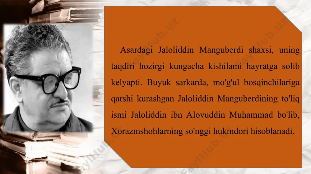 lari, muomala tarzi tarixiy muhit bilan uyg'un ravishda namoyon bo'ladi. jaloliddinning otasi muhammadshoh, amir badriddin, yaroqbek kabi vatanga xiyonat yo'liga o'tgan kimsalarga nafratli murojaati, onasi va singlisi sultonbegimlarga nisbatan mehribonona muomalasi aks etgan sahna epizodlari nihoyatda ta'sirchan, hayotiy chiqqan. tragediyada jaloliddin manguberdi qiyofasi ko'proq asardagi boshqa obrazlar orqali ochilgan. jumladan, zolim chingizxon, o'z yurtiga xiyonatkor shoh muhammad, olchoq amir badriddin bilan bo'lgan muloqotda uning mard, yurtiga vafodor, bosqinchi va xiyonatkor kishilarga nafrati haddan ziyoda inson sifatida namoyon bo'ladi, ayni paytda temur malik, muhammad nasaviy, elbors cho'ponlar bilan so'zlashlari xalqparvar, elga g'amxo'r yurt rahbari, volidasi va singlisi sultonbegim bilan qilgan muloqotida mehribon farzand va tug'ishgan inisi uchun qayg'uradigan kishi qiyofasida ko'z o'ngimizda gavdalanadi. tragediyada m. shayxzodaning sahna asarini yaratish bobidagi mahorati tufayli manguberdi yashagan ziddiyatli davr, kishilar hayoti aniq, jonli, jozibador, eng muhimi, ishonarli tasvirlangan. mazkur asardagi har bir so'zga, manzaraga, sahna jihozlariga ishonasiz, uni yurakdan his etasiz, go'yo o'zingizni shu …