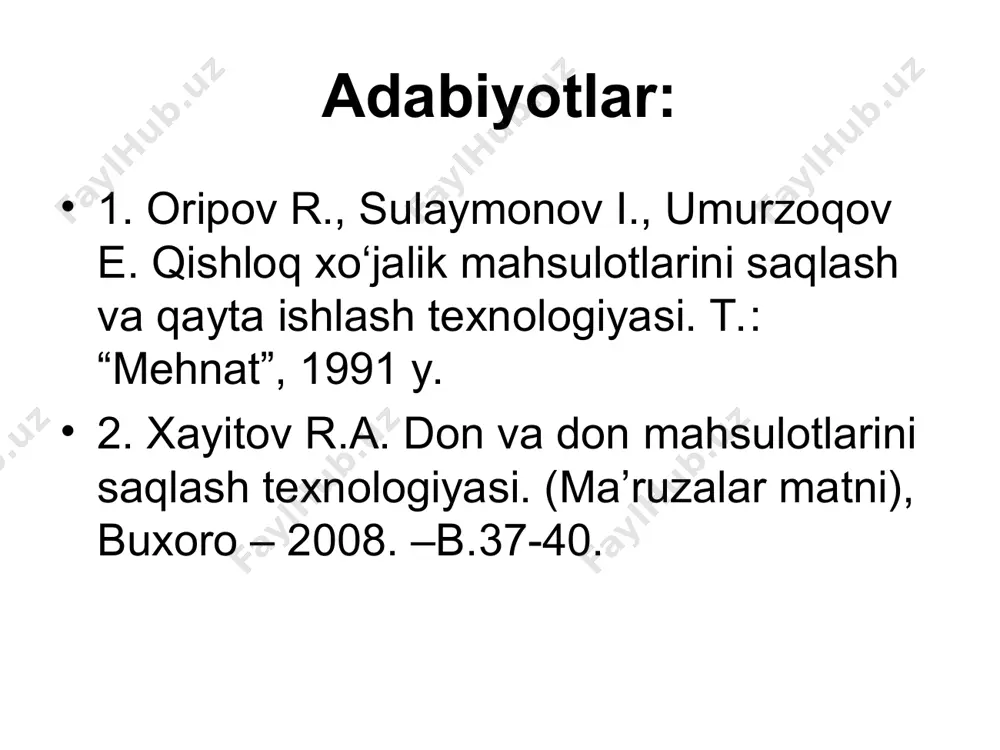 itsa, bug‘doy doni ishlatiladi. 3. yem-xashak uchun – suli, arpa, makkajо‘xori, oq jо‘xori, vika, xashaki dukkak. 4. texnik maqsadlarda – makkajо‘xori, moyli donlar urug‘lari. qо‘llanilishiga kо‘ra donlar quyidagi 4 guruhga taqsimlanadi: 1. un olish uchun asosan – bug‘doy, javdar doni, oz miqdorda makkajо‘xori, arpa, uni ishlatiladi. 2. yorma olish uchun – tariq, grechixa, sholi, arpa, suli, kо‘k nо‘xat, chechevitsa, bug‘doy doni ishlatiladi. 3. yem-xashak uchun – suli, arpa, makkajо‘xori, oq jо‘xori, vika, xashaki dukkak. 4. texnik maqsadlarda – makkajо‘xori, moyli donlar urug‘lari. don – don va dukkakli don о‘simliklar mevasi va urug‘i hisoblanadi. u bir urug‘li quruq meva. bug‘doy, javdar, makkajо‘xori va arpa bilan sulining yalang‘och donli xillari pо‘stsiz hamda suli, arpa, sholi, tariq va boshqalarda yupqa pо‘stli bо‘ladi. donning asosida qiya bо‘lib murtak joylashadi va murtak joylashgan qismi asosi (tubi) deb ataladi. donning asosidan uchigacha bо‘lgan oraliq uning uzunligi hisoblanadi. donning qorin tomonini pastga qaratib qо‘yiladigan bо‘lsa, gorizontal diametri …