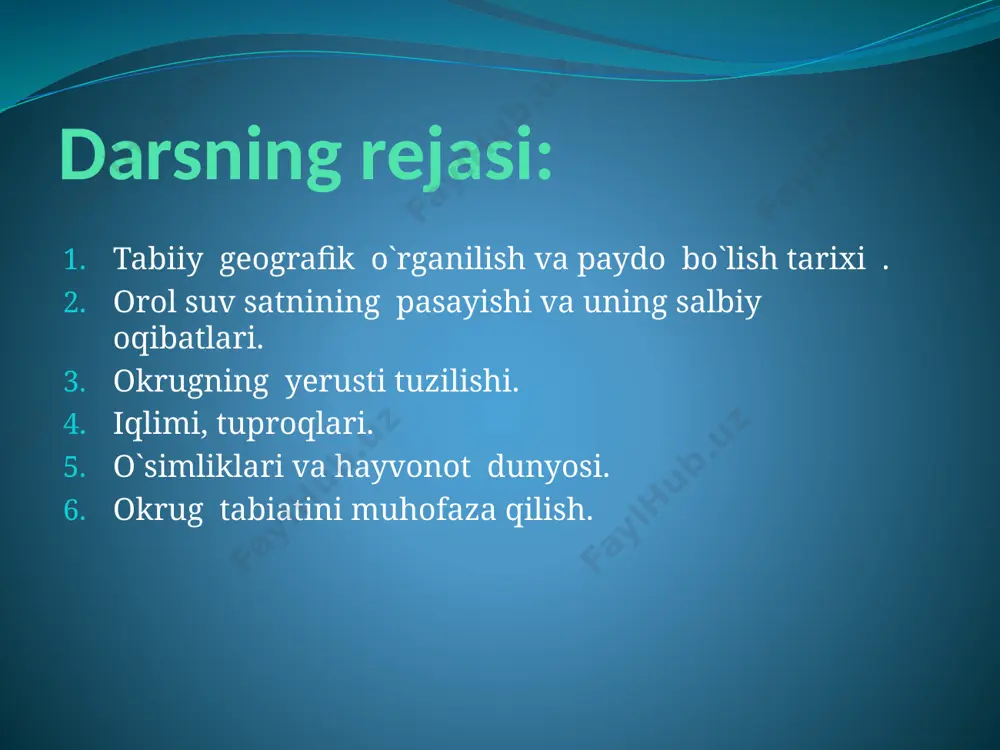 ing qurigan qismida bir-biridan ajralib qolgan uchta – shimoliy, sharqiy va g’arbiy orollar saqlanib qolgan edi. so’nggi yillarda bug’lanish tufayli sharqiy orol suv sathi pasayib, hozir qurib qolib, o’rni sho’rxok- botqoqqa aylanib qoldi. sobiq dengizning qurigan qismida o’ziga xos tabiiy komponentlarga ega bo’lgan yangi “orolqum” cho’li paydo bo’ldi iqlimi va tuproqlari: orol tabiiy geografik okrugi kontinental iqlim xususiyatiga ega bo’lib, qishi sovuq, yozi issiq va quruq, yillik o’rtaacha harorat 7,5 – 10,5 c ni tashkil etadi. okrugda may oyidan boshlab shimoli g’arbdan, g’arbdan esuvchi havo massasi ta’sirida havo ilib, yog’ingarchilik boshlanadi. okrug hududining 80 – 90 foiz qismidagi tuproqlar o’ta darajada sho’rlashgan. orolning chekinishi tufayli eng avval quruqlikka aylangan, eol qum relyefi mavjud bo’lgan hududlarda qumli cho’l, qumoq va taqirsimon sho’rxoklar joylashgan. okrugda tuproq turi va uning tuz rejimiga bog’liq holda o’simliklar rivojlangan, qora saksovul, cherkez, yulg’un hamda bir yillik sho’ralar tarqalgan. orol tabiiy geografik okrugining hayvonot dunyosi: orol dengizining …
