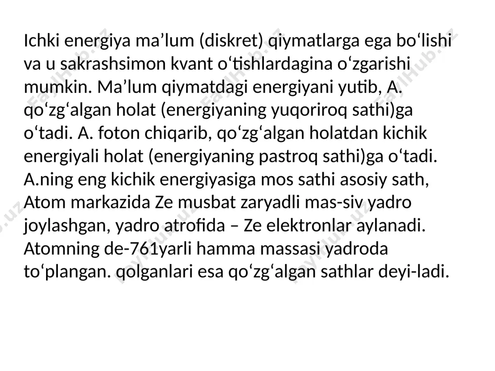 pog‘onada — to‘rtta pog‘onacha boladi. pog‘onachalar, o‘z navbatida, orbitallardan tarkib topadi. pog‘onachalarni lotin harflari bilan belgilash qabul qilingan: s— har qaysi energetik pog'onaning yadroga eng yaqin birinchi pog‘onachasi; u bitta s- orbitaldan tarkib topgan, p- ikkinchi pog‘onacha, uchta p- orbitaldan tarkib topgan; d- uchinchi pog‘onacha, u beshta d- orbitaldan tarkib topadi; f—to‘rtinchi pog‘onacha bo‘lib, unda yettita f- orbital bo‘ladi. shunday qilib, uning har qaysi qiymati uchun n2 orbitallar bo‘ladi. har qaysi orbitalda ko‘pi bilan ikkita elektron bo‘lishi mumkin (pauli prinsipi). agar orbitalda bitta elektron bo‘lsa, u juftlashma gan elektron, agar ikkita bolsa — juftlashgan elektron deyiladi. pauli prinsipi n=2n2 formulani tushuntirib beradi. haqiqatan ham, agar masalan, uchinchi pog‘onada (n=3) 32=9 orbital, har qaysi orbitalda esa 2 tadan elektron boisa, u holda elektronlarning maksimal soni 2-32=18 bo‘ladi. nazariy ma'lumotlarga muvofiq 5-orbital sferik simmetriyali, ya’ni shar shaklida boladi. bunga vodorod atomining orbitali, n= 1 misol bo‘la oladi . bunday orbital 5-orbital deyiladi. …