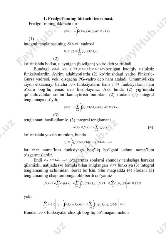 m k k ,....., 2 , 1 , = = l l ) ( x f r n j x j - = ,....., 2 , 1 ), ( y fredgol‘mning aynigan yadroli integral tenglamalari fredgol‘mning aynigan yadroli integral tenglamalari reja: 1. fredgol‘mning birinchi teoremasi. 2. fredgol‘mning ikkinchi teoremasi. 3. fredgol‘mning uchinchi teoremasi. 1. fredgol‘mning birinchi teoremasi. fredgol‘mning ikkinchi tur (1) integral tenglamasining yadrosi (2) ko‘rinishda bo‘lsa, u aynigan (buzilgan) yadro deb yuritiladi. bundagi va , -berilgan haqiqiy uzluksiz funksiyalardir. ayrim adabiyotlarda (2) ko‘rinishdagi yadro pinkerle-gursa yadrosi, yoki qisqacha pg-yadro deb ham ataladi. umumiylikka ziyon etkazmay, barcha funksiyalarni ham funksiyalarni ham o‘zaro bog’liq emas deb hisoblaymiz. aks holda (2) yig’indida qo‘shiluvchilar sonini kamaytirish mumkin. (2) ifodani (1) integral tenglamaga qo‘yib, (3) tenglamani hosil qilamiz. (3) integral tenglamani (4) ko‘rinishda yozish mumkin, bunda lar noma’lum funksiyaga bog’liq bo‘lgani uchun noma’lum o‘zgarmaslardir. endi o‘zgarmas sonlarni shunday tanlashga harakat qilamizki, natijada (4) fomula …