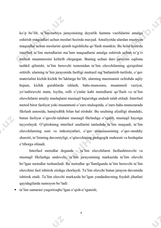rlaydi. ta’lim oluvchi butun jarayon davomida ishtirok etadi. ta’lim oluvchi markazda bo’lgan yondashuvning foydali jihatlari quyidagilarda namoyon bo’ladi: · ta’lim samarasi yuqoriroqbo’lgan o’qish-o’rganish; · ta’lim oluvchining yuqori darajada rag’batlantirilishi; · ilgari orttirilgan bilimlarning ham e’tiborga olinishi; · ta’lim jarayoni ta’lim oluvchining maqsad va extiyojlariga muvofiqlashtirilishi; · ta’lim oluvchining tashabbuskorligi va mas’uliyatining qo’llab-quvvatlanishi; · amalda bajarish orqali o’rganilishi; · ikki taraflama fikr-mulohazalarga sharoit yaratilishi. shunday qilib, fanlarni o’qitish jarayonida interfaol metodlardan foydalanish o’ziga xos xususiyatga ega. ta’lim amaliyotida foydalanilayotgan har bir interfaol metodni sinchiklab o’rganish va amalda qo’llash o’quvchi-talabalarning fikrlashini kengaytiradi hamda muammoning to’g’ri echimini topishlariga ijobiy ta’sir ko’rsatadi. i bob grafik organayzerlar mohiyati va undan foydalanish 1.1 grafik organayzerlar mohiyati kompyuter texnikasi va axborot texnologiyalarining keskin rivojlanishi turli xil axborotdan foydalanishga qaratilgan va axborotlashgan jamiyatning rivojlanishiga turtki bo‘ldi.axborotlashgan jamiyat haqida olimlar turlicha fikrdalar. yapon olimlarining hisoblashlaricha, axborotlashgan jamiyatda kom- pyuterlashtirish jarayoni odamlarga ishonchli axborot manbayidan foydalanish, ishlab chiqarish va ijtimoiy …