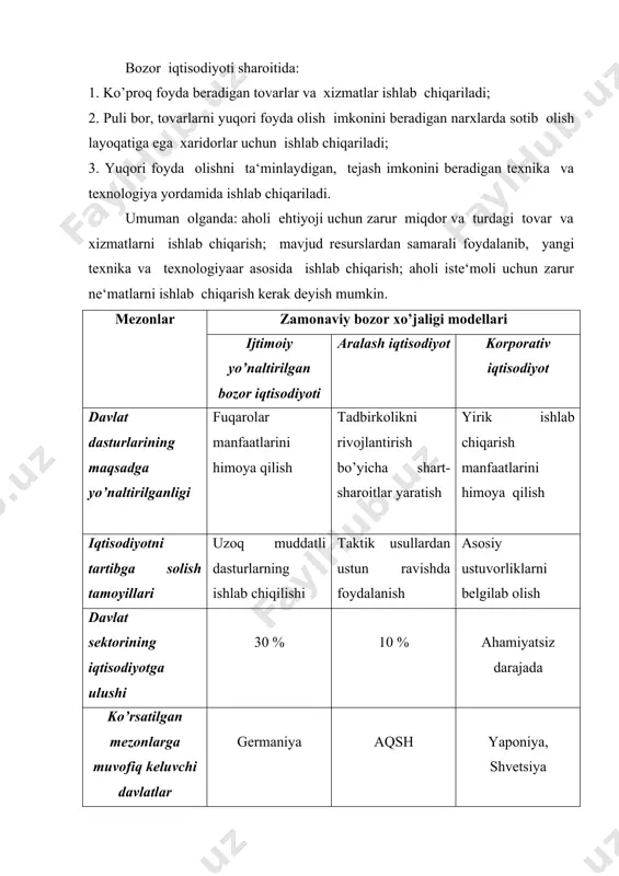 yta tiklash; 5. cheklangan axoborot - turli resurslarning narx darajasi va ularning sarflanish darajasiga yo’nalgan holda bozor iqtisodiyotining muvaffaqiyatli amal qila olish imkoniyati. bozor iqtisodiyotining asosiy ziddiyati ham mavjud: raqobatning kuchsizlanishiga yo’l qo’yish va uni rag’batlantirish. raqobat kuchsizlanishining ikkita asosiy manbai mavjud: birinchisi, bozor iqtisodiyotidagi erkin muhitda tadbirkorlar foyda ketidan quvib va o’z iqtisodiy mavqeini yaxshilashga intilib, raqobatning cheklangan yo’lidan ozod bo’lishga harakat qiladilar. firmalarning qo’shilib ketishi, kompaniyalarning xufyona kelishuvi, shavqatsiz raqobat - bularning hammasi raqobatning kuchsizlanishi va uning tatibga soluvchilik ta‘sirining pasayib borishiga olib keladi; ikkinchisi, bozor tizimi rag’batlantiriladigan texnika taraqqiyoti ham raqobatning zaiflashuviga olib keladi. eng yangi texnologiya: juda katta miqdordagi real kapitaldan foydalanishni; yirik bozorlar bo’lishini; kampleksli, markazlashgan va qatiyan bir butun bo’lib birlashgan bozorning tarkib topishi; boy va i shonchli xom-ashyo manbalarini talab qiladi. jamiyat a‘zolari daromadlaridagi tengsizlikni kuchayib borishi va aholining tabaqalanishi - bozor iqtisodiyotining navbatdagi ziddiyatidir. ijtimoiy ne‘matlar va xizmatlarni ishab chiqarish, bozorga taklif …