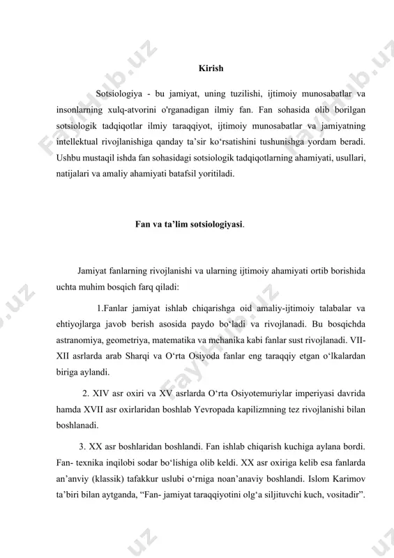 t institutlari faoliyat ko‘rsatmoqda. ular orasida 160 dan ziyod akademik va muxbir a’zo (akademiklar 80 nafar, fa muxbir a’zolari 87), 2200 dan ortiq fan doktorlari, 14 ming 600 dan ko‘proq fan nomzodlari bor. ilgari davlatimizda 600 ga yaqin 103 taga, mutaxassislar esa 285 taga keltirildi. aslida har qanday fanning xarakter belgilari, bu: -fan xalqqa xizmat qiladi, keng xalq ommasi ishtrokida rivojlanadi; -fanga davlat rahbarlik qiladi; -fan ilmiy metodologiya: falsafa bilan qurollangan; -fan olimlari o‘zaro yordam, jamoa rejasi asosida ishlashadi. fanlar klassifikasiyasiga ko‘ra sotsiologiya strukturasida ikki yo‘nalish bor: -fundamental yo‘nalish; -amaliy yo‘nalish. tadqiqot sohasida esa: 1) nazariy tadqiqot. 2) empirik tadqiqotlarga bo‘linadi. tuzilish sohasi bo‘yicha: 1) maxsus fanlar sohasi. 2) tarmoq sohalari mavjud. bular bir-birlari bilan juda murakkab o‘zaro dialektik aloqadadirlar. ayrim hollarda bir-biriga qo‘shilib ketadi, ba’zida bir-birlarni inkor qiladi.fundamenial sotsiologiya boshqa elementlaridan o‘zi hal qilayotgan muammolar darajasi, ko‘lami, ahamiyati bilan farq qiladi. fundamental sotsiologiya abstraksiyaning (mavhumlik) oliy darajasi muammolari bilan …