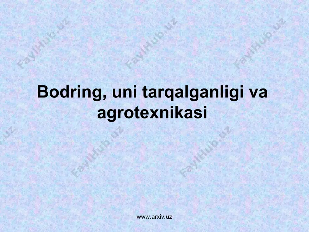 rdaniga bir nechta tuguncha o’sib borishi uchun shoxlanish to’xtab qoladi. bosh poyaning hosili yig’ishtirib olingandan so’ng shoxlanish boshlanadi (estafeta, syurpriz, aprelьskiy, zozulya va h.z). 3. bunday o’simliklarda 2-3 bug’im hosil bo’lgandan keyin o’sishdan to’xtaydigan oxirgi (detarminant) tipdagi shoxlar chiqib, shoxlanishni to’xtatib qoladi. ularda bosh poyaning o’sishi o’simlikka nisbatan barvaqt tugaydi. mevalarining uzunligi bo’yicha 3-70 sm gacha, og’irligi – 20-300 gr, rangi – oqdan to’q yashilgacha, tekisligi – tekisdan qovurg’ali va ti­kanak dumboqchali bo’lishi mumkin. www.arxiv.uz www.arxiv.uz bodring bir uyli ikki jinsli o’simlik erkak gullari shoda tar­zida tugunchaga birlashgan. ularda 5 ta changchi bo’lib, ularning 4 tasi birlashib o’sgan, urg’ochi gullari yakka, ba’zan 2-3 tadan bo’lgan, urug’chali, 3 uyali, tugunchada 4-5 ta urug’ hosil bo’lgan. gullari o’simlikda unib chiqqandan 35-55 kunda ochila boshlaydi. urg’ochi gullar erkak gullarga nisbatan 6-7 kun keyin ochiladi. o’simliklarning pastki qismida - faqat erkak gullari, o’rta qismida ham erkak va ham urg’ochi gullari, uchki qismida esa asosan …