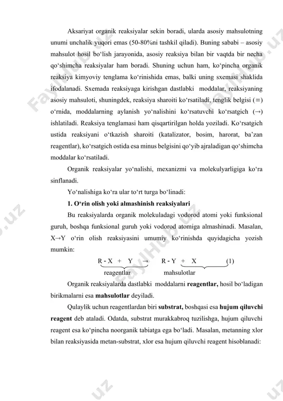 t esa ko‘pincha noorganik tabiatga ega bo‘ladi. masalan, metanning xlor bilan reaksiyasida metan-substrat, xlor esa hujum qiluvchi reagent hisoblanadi: o‘rin olish reaksiyalari lotincha s harfi bilan belgilanadi (inglizcha «substitution» –o‘rin olish). vodorod atomining almashinish reaksiyalari, ko‘pincha kiritiladigan funksional guruhning nomi bilan ataladi. masalan, (2) reaksiya xlorlash deyiladi (hcl, ya’ni vodorod atomi xlor atomiga almashinadi). o‘rin olish reaksiyalarida nafaqat vodorod atomlari, balki turli funksional guruhlar ham almashinishi mumkin: masalan, cl oh almashinishi: ch3cl + oh ch3oh + cl (3) xlormetan gidroksid- metanol xlorid- ion ion 2.birikish reaksiyalari. bu reaksiyalarda reagent substrat molekulasining karrali (cc, co, cn, cc, cn) bog‘lariga birikadi. masalan: ch2 ch2+ hbr ch3ch2br (4) etilen brometan (5) atsetaldegid atsetaldegid siangidrini birikish reaksiyalari lotincha ad yoki a simvoli bilan belgilanadi (inglizcha «addition» – birikish). 3. ajralish reaksiyalari. birikishga teskari bo‘lgan bu reaksiyalarda substratdan zarracha yoki molekula (suv, galogenvodorod, galogen va hokazo) ajraladi va aksariyat hollarda to‘yinmagan birikma hosil bo‘ladi. masalan: …