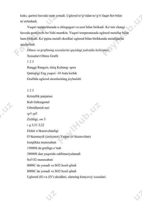 a jonsiz tabiatda turli tuman jarayonlarda muhim rol о‘ynaydi. bundan tashqari, so2 va so xalq xо‘jaligida muhim texnik mahsulot hisoblanadi. so2 – havoning doimiy tarkibiy qismi bо‘lib, hamma organik moddalarning oksidlanish jarayonlarida, achishda (bijg‘ishda), yoqilg‘ilarning yonishida, vulqonlarning otilishida, kо‘pgina mineral manbalarda, hamda ohaktosh va boshqa karbonatli jinslarni kuydirishda hosil bо‘ladi. uglerod oksidi so olinishi. 1. generator gazi. uglerod oksidi uglerodni yonish jarayonida kislorod yoki havo yetishmaganda hosil bо‘ladi. 2s + o2 = 2so δn = - (2,26,4) kkal/mol. masalan, kislorod yoki havoni chо‘g‘ holigacha qizdirilgan kо‘mir ustidan gaz generator deb nomlanadigan asbobdan о‘tkazilganda hosil bо‘ladi. bu sharoitda reaksiya 2 bosqichda boradi: s + o2 = so2 δn = - 94,1 kkal/mol so2 + s = 2so δn = + 40,8 kkal/mol bu reaksiyalardan tashqari so2 ning termik parchalanish reaksiyasi ham borishi mumkin: 2so2→ 2so + o2 , δn = + (2∙67,4) kkal/mol. uglerod oksidini olish reaksiyasi juda katta amaliy ahamiyatga …