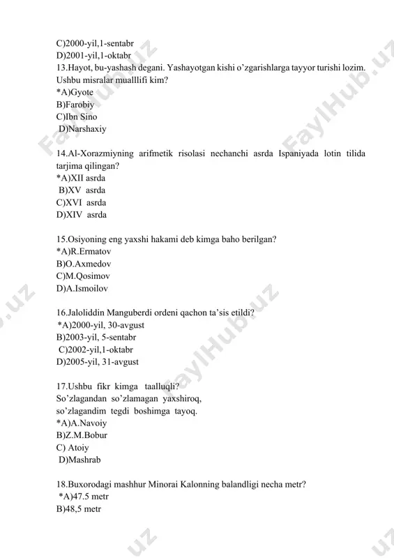‘rganish, kognitivlik ko‘nikmalarini va hayotiy tajribani mustaqil ravishda muntazam oshirib borish c) ijtimoiy vaziyatlarda ona tilida hamda birorta xorijiy tilda o‘zaro muloqotga kirisha olishni, muloqotda muomala madaniyatiga amal qilishni, ijtimoiy moslashuvchanlikni, hamkorlikda jamoada samarali ishlay olish layoqatlarini shakllantirish d) jamiyatda bo‘layotgan voqyea, hodisa va jarayonlarga daxldorlikni his etish va ularda faol ishtirok etish, o‘zining fuqarolik burch va huquqlarini bilish, unga rioya qilish, mehnat vafuqarolik munosabatlarida muomala va huquqiy madaniyatga ega bo‘lish layoqatlarini shakllantirish 24. shaxsga axloqiy, estetik, ekologik tarbiya berish, vatanga sadoqat, mehnatni ulug‘lash, do‘stona munosabatni tarbiyalash sifatlari qaysi maqsadda e'tiborga olinadi? *a) tarbiyaviy b) ta'limiy c) rivojlantiruvchi d) ilmiy 25.kompetensiyaviy yondashuvning asosiy maqsadi nima? *a) maktab bitiruvchisining ijtimoiy hayotga moslashishiga yordam berishdan iborat b) o‘quvchilarni kreativ qobiliyatini o‘stirish c) maktab bitiruvchisini dunyo qarashini kengaytirish d) o‘quvchilarni ijodiy fikrlashga o‘rgatish 26.konstruktiv qobiliyat nima? *a)o’qituvchining o’z ishini rejalashtira olishi. b)o’qituvchining murakkab bilimlarni soddalashtirib yetkazib berishi. c)o’qituvchining boshqa odamlar bilan munosabatni yakunlashi …