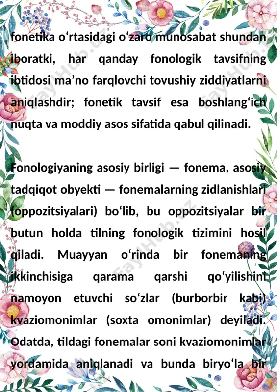 sonlar boʻlib, ular 1928-yil gaagada boʻlib oʻtgan tilshunoslarning 1-xalqaro kongressida fonologiyaning asosiy gʻoyalarini bayon etganlar. n. s. trubetskoyning "fonologiya asoslari" (1939) kitobi fonologiya taraqqiyotidagi eng muhim bosqich boʻlgan. fonologiya paydo boʻlishining ilk asoslari 19-asr oxirlarida nemis olimi i. vinteler va ingliz olimi g. suit asarlarida, umumnazariy jihatlari keyinchalik f. de sossyur tadqiqotlarida shakllangan. ayniqsa, fonologiyaning rivojlanish asoslarini yaratishga ruspolyak tilshunosi i. a. boduen de kurtene katta hissa qoʻshdi. fonema gʻoyasi va uning prinsiplari ilk marta uning asarlarida ishlab chiqilgan. boduen de kurtene tadqiqotlari negizida leningrad va moskva fonologik maktablari shakllandi (oʻzbek tilshunoslarining fonologik tadqiqotlari ham asosan ana shu maktablar taʼsirida yaratilgan). hozirgi kunda mazkur maktablarning fonologik nazariyalaridan tashqari yevropa va aqshda yana 10 ga yaqin fonologik nazariyalar yaratilgan. fonologiyasini oʻrganishda ye.d. polivanov, v. v. reshetov, a. nurmonov, a. abduazizov va boshqalarlarning ilmiy ishlari ayniqsa ahamiyatlidir. fonologiya ham fonetika kabi umumiy fonologiya, xususiy fonologiya, tarixiy (diaxronik) fonologiya va tasviriy (sinxronik) fonologiyaga …