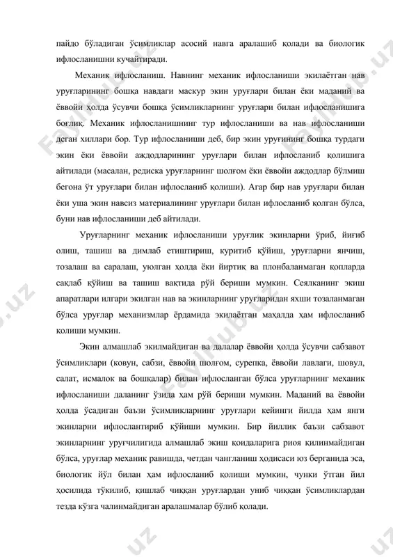 меха​ник равишда, четдан чангланиш ҳодисаси юз берганида эса, биологик йўл билан ҳам ифлосланиб қолиши мумкин, чунки ўтган йил ҳосилида тўкилиб, қишлаб чиққан уруғлардан униб чиққан ўсимликлардан тезда кўзга чалинмайдиган аралашмалар бўлиб қолади. механик ифлосланиш навнинг ёмонлашиб қолишига олиб боради​ган жуда муҳим омилдир, чунки асосий нав экининга аралашиб қолган аралашма биологик ифлосланишига олиб келувчи жиддий манба бўлиб қолади. уруғлардан кўпайиб, четдан чангланадиган бир йиллик экинлар (редиска, дукаклилар, қовоқдошлар, калампир) учун бу нарса айниқса хафлидир. она ўсимликлар яхши танлаб, саралаб олинмаган ва механизмлар ёрдамида экиладиган бўлса, биологик иф​лосланиш хавфи икки йиллик экинлар учун ҳам, кўп йиллик экинлар (карам, пиёз, илдиз мевалар ва бошқа ўсимликлар) учун ҳам анча ор​тади. бундан ташқари, уруғликка мўлжалланган сабзавот экинлари узоқ ва гуллаб туради, бир талай гул чиқариб, хаддан ташқари кўп чанг зарраларини ҳосил қилади, битта гул чангланганида иккитадан бир неча учтагача дурагай уруғлари бўладиган мевалар тугади. бу нарса биологик ифлосланиш эҳтимолини янада оширади. уруғлик ўсимликларни ўстириш шароитлари …