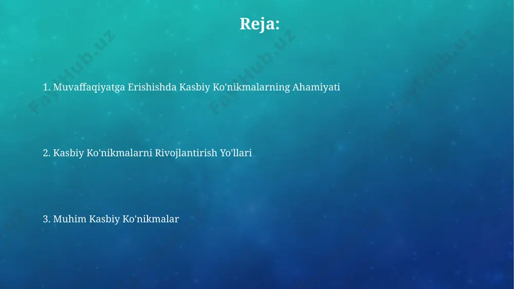 jamoa loyihalarida 80/20 qoidasini qo'llash, ya'ni 80% vaqtni rejalashtirish va muvofiqlashtirishga, 20% ni esa amalga oshirishga sarflash, samaradorlikni oshiradi. texnologik savodxonlik zamonaviy ish bozorida taxminan 70% dan ortiq ish o'rinlari texnologik savodxonlikni yuqori darajada talab qiladi, shuning uchun bu ko'nikmani oshirish karyera o'sishida muhim rol o'ynaydi. texnologik savodxonlik – bu zamonaviy dunyoda muvaffaqiyatga erishish uchun zarur bo'lgan 21-asr ko'nikmalaridan biri bo'lib, axborot texnologiyalaridan samarali foydalanishni, jumladan, dasturlar, platformalar va onlayn xizmatlarni o'z ichiga oladi. doimiy o'rganish va rivojlanish professional rivojlanish uchun ajratilgan vaqtni kamida 10% ga oshirish va yangi ko'nikmalarni amalda qo'llash natijasida o'rtacha ish unumdorligi 15% ga yaxshilanadi. har 6 oyda o'zingizning professional ko'nikmalaringizni baholash va rivojlantirish bo'yicha 5 ta aniq maqsadni belgilash samaradorlikni sezilarli darajada oshiradi. professional axloq va etika professional axloq va etika bo'yicha treninglar, xodimlar malakasini 15% ga oshiradi va ularning muammolarni hal qilish qobiliyatlarini rivojlantiradi, bu esa stress darajasini pasaytiradi. korporativ etika kodekslariga rioya qilish, …