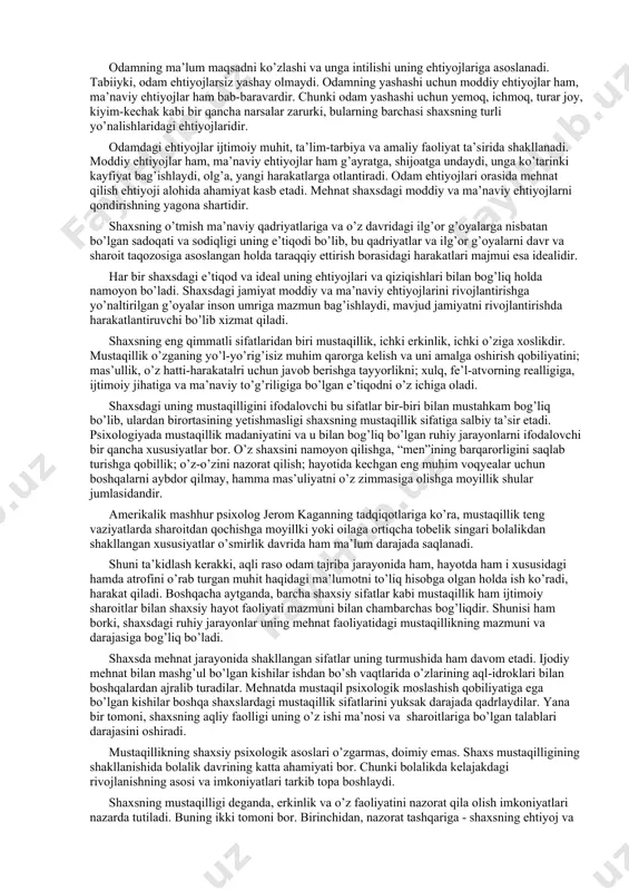 ikrlashni ham bilmaydilar.ularda insonlikning asosiy belgilari shakllanmaydi va o’smaydi. demak, tirik mavjudot sifatida dunyoga kelgan odam bolasi ijtimoiy muhitdan chetda qolsa, u shaxslik belgilariga ega bo’lmaydi. psixologik tadqiqotlarning isboticha, faqat ijtimoiy muhitda, boshqa shaxslar bilan munosabatda bo’lgandagina, odam o’zini shaxs sifatida anglaydi, uning o’zligi paydo bo’ladi va taraqqiy etadi. darhaqiqat, odam o’zini oynaga solganday, boshqa odamlarga razm soladi va buning natijasida o’zini odam deb bila boshlaydi. shunday ekan, shaxsning mohiyatini uning ijtimoiy mavjudotligi, ijtimoiy munosabatlarning yig’indisi tashkil etadi. har bir shaxsning o’zi mansub bo’lgan jamoa a’zolariga nisbatan iqtisodiy, siyosiy, ma’naviy va axloqiy aloqalari o’sha shaxsning ijtimoiy munosabatlari bo’lib, bu munosabatlarning yig’indisi odamning shaxs sifatida shakllanishidagi asosiy omillardir. biz bu o’rinda shaxsning mohiyati muammolariga umumiy psixologik jihatdangina yondoshamiz. chunki hozirgi vaqtda shaxsning mohiyatini turli tomondan o’rganuvchi fanlar tizimi mavjud bo’lib, bu fanlarning har qaysisi shaxsning mohiyatini o’z predmeti nuqtai nazaridan o’rganadi. masalan, shaxsning sinflar va jamiyat tarkibidagi o’rnini tarixiy materializm, shaxsni …