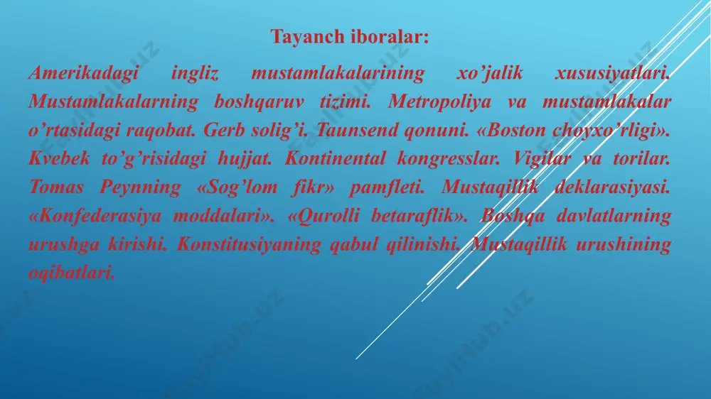 nyu-gempsherga, 1628 yilda massachusetsga, 1634-1637 yillarda konnektikutga, 1636-1643 yillarda rod-aylendga va nyu-gevenga asos soldilar. bu mustamlakalar 1664 yilda massachusetsga qo’shib olinib, yangi angliya deb ataldi. mustamlakalar ichki boshqaruvda o’z mustaqilligini saqlagan holda yangi angliyaning birlashgan mustamlakalari nomli ittifoq tuzdilar. markaziy rayonda nyu-jersi, pensilvaniya, janubda merilend, shimoliy karolina va janubiy karolina va jorjiya nomli mustamlakalar tashkil topdi 1760 yilda sharqda atlantika okeanining qirg’oq bo’ylaridan to g’arbda appalachi tog’larigacha bo’lgan hududda 13 ta ingliz mustamlakalarida hindulardan tashqari 1,6 millionga yaqin aholi yashagan. ingliz mustamlakalari aholisining milliy tarkibi juda murakkab bo’lib, aholisi asosan yevropaliklar (inglizlar, irlandlar, shotlandliklar, nemislar va gollandlar) dan iborat bo’lgan. ingliz mustamlakalari aholisining soni tez o’sgan bo’lib, 1775 yilda 2,6 million kishiga yetgan. amerikadagi ingliz mustamlakalarini xo’jaligiga ko’ra 3 ta guruhga ajratish mumkin. yangi angliya deb atalgan shimoliy mustamlakalarda asosan ijara-fermer xo’jaligi, qisman hunarmandchilik va manufaktura sanoati taraqqiy etgan. shimoliy mustamlakalarning markazi boston shahri bo’lgan. markaziy mustamlakalar hududi g’alla yetishtirishga …