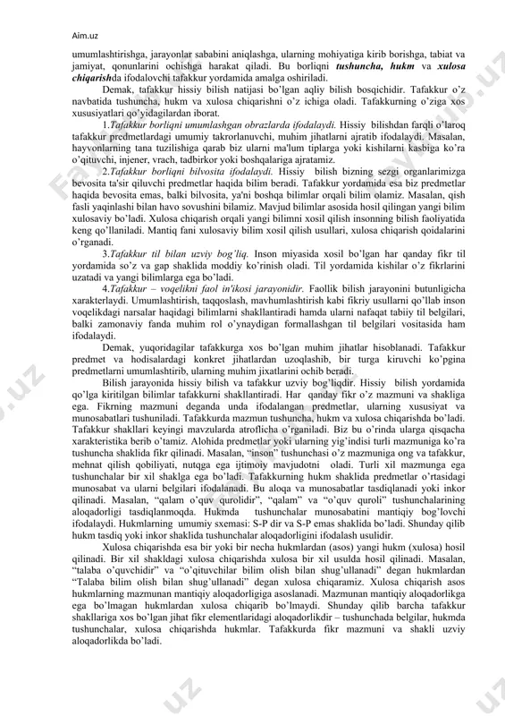 asosida shakllangan matematik mantiq (zamonaviy mantiq) sohalariga bo’linadi. fan-texnika taraqqiyoti hamda matematik mantiq metodlarining ilmiy tadqiqotlarda keng qo’llanilishi sababli bu yo’nalish an'anaviy mantiqdan farqlash uchun ham zamonaviy mantiq ham deb nomlanadi. ilmiy bilishda formal mantiq bilan bir qatorda nemis faylasufi gegel tomonidan asos solingan dialektik mantiq ham keng qo’llaniladi. dialektik mantiq hodisalar o’zaro aloqadorligi, o’zgarishi va taraqqiyotini tadqiq etishda ob'ektivlik, tarixiylik va mantiqiylikning yaxlitligi, abstraktlikdan konkretlikga o’tishdan foydalanadi. mantiq bilish jarayoni bilan uzviy bog’liqdir. chunki mantiq fanini o’rganish ob'ektini tafakkur tashkil etadi. bilish – bilim olish maqsadida vaqelikni inson ongida in'ikos etish jarayonidir. u hissiy organlar va tafakkur yordamida amalga oshadi. hissiy bilishning uchta asosiy bosqichi mavjud: sezgi, idrok va tasavvur. sezgi (ko’rish, eshitish, ta'm bilish, hid bilish, teri orqali sezish) – predmetlarning biror-bir tashqi xususiyatini (rang, shakl, tovush, harorat) aks ettiruvchi hissiy bilish bosqichidir. sezgilar yordamida qabul qilingan signallarni sintezi natijasida predmetlarning yaxlit obrazi in'ikosi idrokdir. tasavvur avval idrok …