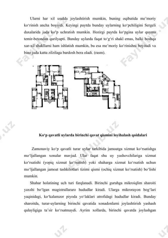 day sharoitda, turar-uylarning birinchi qavatida xonadonlarni joylashtirish yashash qulayligiga ta’sir ko‘rsatmaydi. ayrim xollarda, birinchi qavatda joylashgan xonadonlar uy oldidagi kichik yer maydonchalari bilan umumiy xonadon yoki oshxonadan chiqish eshigi orqali bog‘lanadilar. transport xarakati chegaralangan turar-joy binolari ko‘chalarida joylashgan turar-uylarning birinchi qavatida, aholiga “yaqindan” xizmat ko‘rsatish xonalari joylashishi mumkin. ularning tarkibiga quyidagilar kiradi: maishiy xizmat uylari (kir yuvish, kimyoviy tozalash, ijara, buyurtmalar stoli kabilarning qabul punktlari), savdo (birinchi zaruriyat mahsulotlarini sotish uchun), fuqarolarning jamoat faoliyati uchun xonalar (o‘z-o‘ziga xizmat ko‘rsatish), bolalar, to‘garak, sevimli mashg‘ulotlar uchun, sport xonalari, hamda bolalar bog‘chasidir. shaxsiy avtomobillar garajlari yerto‘lada joylashtiriladi. shahar hududining ikkinchi guruhiga shahar va tuman ahamiyatidagi ko‘chalar va magistrallar kiradi. bu ko‘chalarning qizil chizig‘ida joylashgan turar-uylarning birinchi qavati yashash uchun noqulay. ular shahar xizmat turlari uchun mo‘ljallangan noturar-uy ahamiyatidagi xonalar uchun ishlatilishi mumkin: savdo (turli do‘konlar), madaniy-maishiy (ko‘rgazma zallari, kutubxonalar), jamoat ovqatlanish xonalari (oshxona, kafe), dorixonalar, aloqa bo‘limlari va boshqa idoralar uchun ishlatiladi. bu …