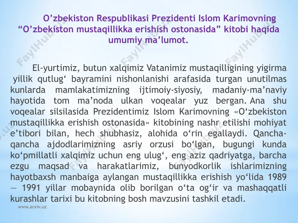 y vaziyat murakkablashgan, turli ziddiyatlar va qarama-qarshiliklar kuchaygan, millatlararo nizolar vujudga kelgan, mamlakatda ishlab chiqarish izdan chiqqan, sansalorlik, xo’jako’rsinlik avj olgan, aholi asosiy qismining kayfiyati buzilib, ruhiy-ma’naviy muhit chigallashgan bir payt edi. unga yaqin o’tmishdoshlaridan asabi taranglashgan, ruhiyati siniq, parishon va parokanda mamlakat meros bo’lib qoldi. www.arxiv.uz aytish mumkinki, respublikaning yaqin o’tmishi shalvirab qolgan aravaga o’xshardi. uni to’xtatish ham, qamchi urishni ham iloji yo’q edi, chunki har ikki holatda ham arava to’kilib, parchalanib ketar edi. bunday paytda rahbardan o’ta xushyorlik hamda tadbirkorlik, ziyraklik va chechanlik, mulohazakorlik va epchillik talab etiladi. islom karimov xuddi shunday noyob, serqirra fazilatlari bilan buzuq aravani ta’mirladi va uni zamonaviy mashinaga aylantirishni boshladi. biz o’rganayotgan “o’zbekiston mustaqillikka erishish ostonasida” kitobida yurtboshimizning o’sha davrdagi barcha chiqishlari to’liq berilmasdan, asosan xalqimizning asriy orzusi bo’lgan milliy istiqlol mavzusiga oid fikr va qarashlari atroflicha o’z ifodasini topgan. boshqacha aytganda, mustaqillik g’oyasi, mustaqillik mavzusi mazkur to’plamga kiritilgan barcha nutq va ma’ruzalarda …