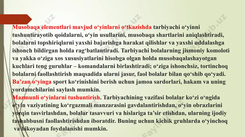 ular quyidagilarda ifodalaniladi: o‘yin harakatlarining izchilligini tushunib olishda avval, so‘ng, bundan keyin, bundan oldin, barini bir vaqtda kabi o‘yin topshiriqlarini signalga ko‘ra, bolalar uchun belgilangan muddat doirasida tez bajarishida ko‘rinadi. bu o‘yinlarga bolalar fazoda mo‘ljal olishni, harakatlar izchilligi va ularga vaqt davomida amal qilishni mashq qiladi. o‘yinlar mazmunini, butun o‘yin vaziyatini, uning qoidalarini, personajlar harakatini mustaqil tushuntirish, bolalarning joylashish o‘rnini, o‘yin atributlarini va harakat yo‘nalishlarini fazoviy iboralarni ishlatgan xolda ko‘rsatish, o‘tkazilgan o‘yinga baho berish bolalarning aqliy rivojlanishiga xizmat qiladi. harakatli o‘yinlar katta yoshidagi bolalarda ijodiylikni rivojlanishi uchun qulaylik yaratadi. bunda / bolalar eshitgan ertaklari mazmuni asosida kichik o‘yinlar o‘ylab topishlari mumkin harakatli o‘yinlar o‘z mazmuni va shakliga ko‘ra estetik faoliyat hisoblanadi. o‘yin harakatlarining rangbarangligini ularni bolalar aniq chaqqonlik bilan, o‘ziga xos ifodali bajarishlarida ifodalanadi. harakatli o‘yinlarda musiqani qo‘llash katta estetik ahamiyatga egadir. harakatli o‘yinlarni o‘tkazishda harakatlar go‘zalligini va madaniyatini unutmaslik kerak: diqqatni harakatlari birmuncha ifodali bolalarga qaratish, obrazlarni ifodali, muvaffaqiyatli …