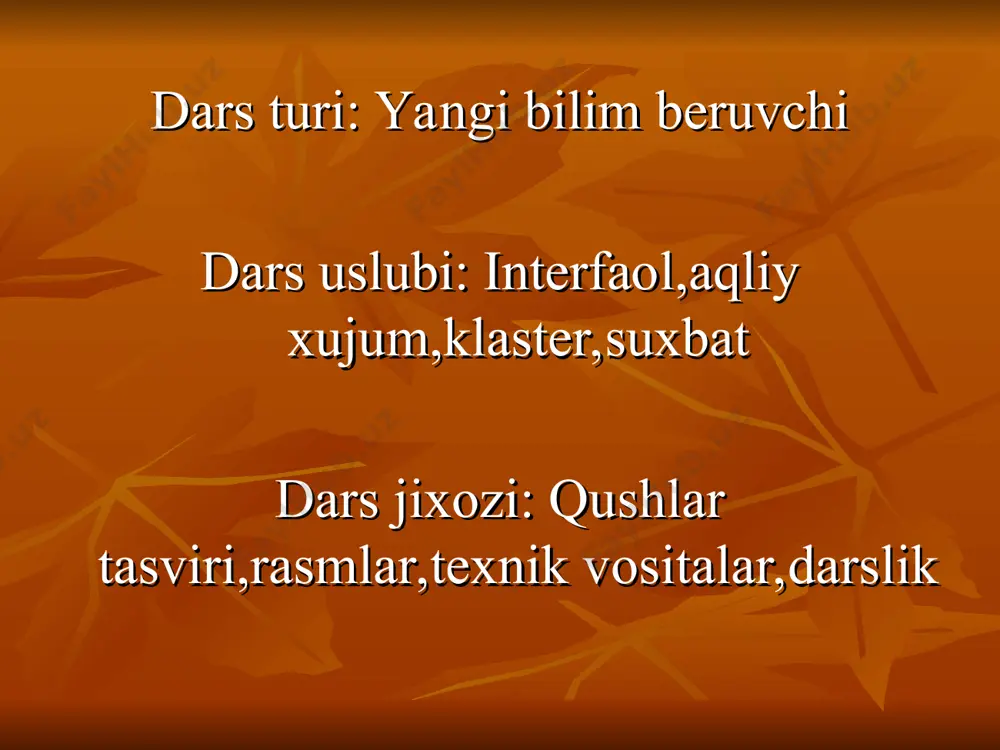 n kuzda uchib ketgan qushlar baxor boshlarida qaytib keladi. mart oyida chittak, jiblajibon, qaldirg’och, vaxmaqush, sufiturgay, sassiqpopushak va boshqa qushlar uchib keladi. o’qchilarga baxorda uchib keladigan qushlar tavsiri ko’rsatiladi. o’lkamizda qishlab qoladigan qushlar xam ko’rsatiladi. savollar 1-savol. nima uchun qushlarni qanotli do’stlarimiz deymiz? 2-savol. bu qushlar nima bilan oziqlanadi? 3-savol. baxorda o’lkamizga qaysi qushlar uchib keladi? 4-savol. qushlarni qishloq xo’jaligiga qanday foydasi bor? o’quvchilarni savollarga bergan javobiga qarab rag’batlantiriladi. uyga vazifa qushlar rasmini chizish.