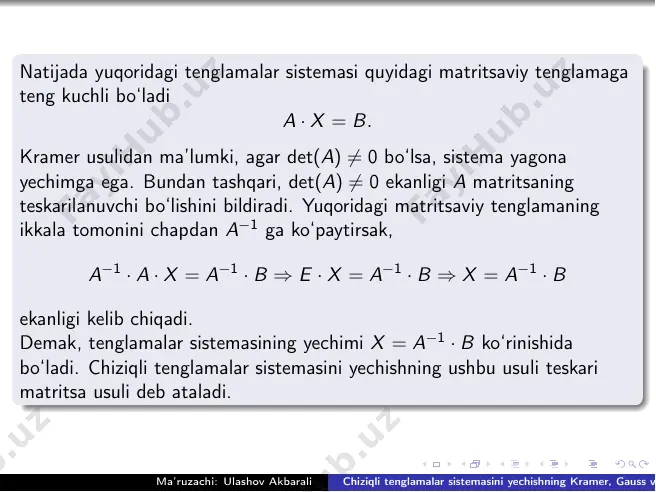 , gauss va matritsa usullari. 11 / 26 1-teorema agar (2) sistemaning determinanti △ noldan farqli bo‘lsa, u holda bu sistema yagona yechimga ega bo‘lib, uning ko‘rinishi quyidagicha bo‘ladi: x1 = △x1 △ , x2 = △x2 △ , . . . , xn = △xn △ . chiziqli tenglamalar sistemasini yechishning ushbu usuliga kramer usuli deyiladi. demak, kramer usuli determinanti noldan farqli bo‘lgan n ta noma’lumli n ta tenglamadan iborat chiziqli tenglamalar sistemasini yechimini topish imkonini beradi. sistema determinanti nolga teng bo‘lgan hollarda kramer usulini qo‘llash maqsadga muvofiq emas. chunki bu holatda tenglamalar sistemasi yoki yechimga ega emas yoki cheksiz ko‘p yechimga ega bo‘ladi. ma’ruzachi: ulashov akbarali chiziqli tenglamalar sistemasini yechishning kramer, gauss va matritsa usullari. 12 / 26 2-misol kramer formulalaridan foydalanib quyida berilgan sistemani yechimini izlaymiz;  x1 − 2x2 + x3 = 1 2x1 + x2 − 2x3 = −1 3x1 − 2x2 + x3 = …