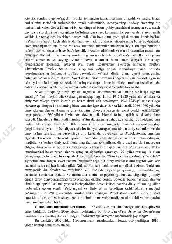 aganlar, ularni tayinlashda taqvodorlikka, layoqatlilik va munosibligiga va xalq orasidagi obroʻsiga ahamiyat berilgan. rossiya hukmronligi davrida saylangan qozilarda esa hech qanday layoqat qolmagan edi. bundan tashqari, xalqning saylov huquqi ham bekor qilingan edi. adolat izlagan xalq faqat oʻzlari istiqomat qiladigan hududdagi qozilarga arz qilishlari mumkin edi xolos. oqibatda qozi va mullalarning obroʻsiga putur yetdi. bu salbiy holat madrasalarga ham taʼsir koʻrsatmay qolmadi. chor rossiyasining musulmon aholini kuchli nazorat va taʼqib qilish siyosati boshlandi. аyniqsa, tariqatlarning xalqqa taʼsiri va bir-biriga oʻta sodiq tizimga egaligi ommani tuzumga qarshi safarbar etish salohiyatiga ega boʻlgani sababli ular chor rossiyasida ham, sovetlar davrida ham kuchli nazorat va bosim ostida tutilgan. bizning fikrimizcha, din olimlari va musulmon xalq koʻplab tazyiqlarga qaramay, mustamlakaning dastlabki davrlarida maktab va madrasalar sonini koʻpaytirishga harakat qilganligi ijtimoiy ongda diniy dunyoqarashning ustuvorligidan dalolat beradi. sovetlar bunga javoban din va dindorlarga qarshi bosimni yanada kuchaytirdilar. dinning oʻrnini egallashi kutilgan ateizm uchun tizimli ravishda …