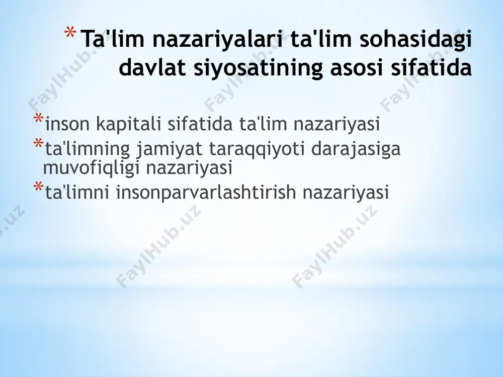 ini tayyorlash. 9 ijtimoiy-madaniy tizimdagi maktab ta'lim va ta'lim o'rtasidagi optimal muvozanat. har bir talabaning individual rivojlanishi va jamiyatning mas'uliyatli fuqarolarini shakllantirish. 10 texnologiya maktabi zamonaviy va kelajak tsolardan keng foydalanish. ta'lim jarayonidagi tub o'zgarishlar. monitor ekranida va katta ma'lumotlar bankiga ega o'quv markazlarida uy mashg'ulotlari. o'qituvchining roli o'zgaradi. 11 differensial maktab moslashuvchan maktab tizimi. turli xil ta'lim yo'nalishlarini tanlash imkoniyati. qattiq majburiy tanlov va talabalar o'rtasidagi raqobat bundan mustasno. har bir talaba o'qituvchi yordamida individual mashg'ulot rejasini tuzadi - asosiy bilimlarni individual sur'atda o'zlashtiradi. o'quv profillarining keng doirasi, ularni o'zgartirish qobiliyati. 12 yunesko bilim olishga o'rgating ishlashni va pul ishlashni o'rganing yashashga o'rgating birgalikda yashashni o'rganing 13 jahon ta'lim tizimining rivojlanish tendentsiyalari: asosiy ta'limni, ya'ni majburiy umumiy ta'lim tayyorlash blokini mustahkamlash; ta'lim mazmunining integratsiyasi; kasbiylashtirish, mehnat ta'limi dasturlarini kengaytirish; ta'limning differentsiatsiyasi; har xil turdagi maktablarni shakllantirish; sinf va dars tizimini takomillashtirish. 14 asosiy ta'limni mustahkamlash asosiy ta'lim - bu …