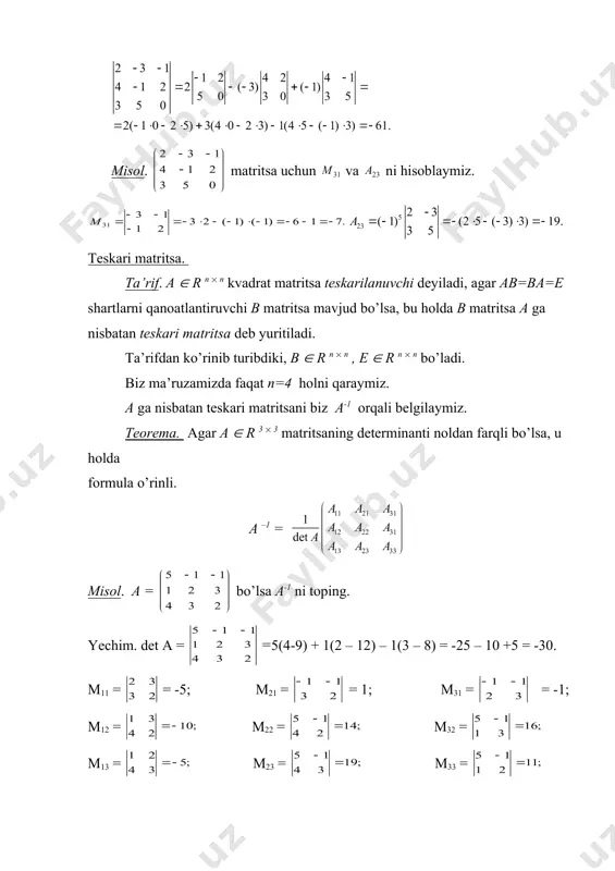 ( b+c) = (b+ (c ; ((+()b= (b+(b; ((()b= (((b); 1b= b; (( bc) = ((b)c =b((c) determinantlar. ta’rif. ikkinchi tartibli a= ( r 2(2 kvadrat matritsaning determinanti (ya’ni 2 –tartibli determinant) deb (1) songa aytiladi. ta’rif. uchinchi tartibli a= ( r 3(3 kvadrat matritsaning determinanti (ya’ni 3 –tartibli determinant) deb = (3) = . songa aytiladi. 3 –tartibli determinantni hisoblashga doir konkret misollarda turli mnemonik shoidalar mavjud. shu shoidalar bilan sizlar amaliy mashg’ulotlarda tanishasizlar. misollar. a) ni hisoblaymiz. bu uchun (3) formulaga ko’ra misol. matritsa uchun va ni hisoblaymiz. embed equation.3 teskari matritsa. ta’rif. a ( r n ( n kvadrat matritsa teskarilanuvchi deyiladi, agar ab=ba=e shartlarni qanoatlantiruvchi b matritsa mavjud bo’lsa, bu holda b matritsa a ga nisbatan teskari matritsa deb yuritiladi. ta’rifdan ko’rinib turibdiki, b ( r n ( n , e ( r n ( n bo’ladi. biz ma’ruzamizda faqat n=4 holni qaraymiz. a ga nisbatan …