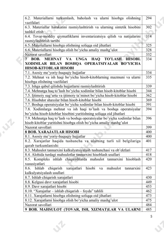 t savollari 399 8 bob. xarajatlar hisobi 400 8.1. asosiy me’yoriy-huquqiy hujjatlar 400 8.2. xarajatlar haqida tushuncha va ularning turli xil belgilariga qarab turkumlanishi 401 8.3. mahsulot tannarxini kalkulyatsiyalash tushunchasi va ob’ektlari 417 8.4. alohida turdagi mahsulotlar tannarxini hisoblash usullari 418 8.5. kompleks ishlab chiqarishlarda mahsulot tannarxini hisoblash xususiyatlari 420 8.6. ishlab chiqarish xarajatlari hisobi va mahsulot tannarxini kalkulyatsiyalash usullari 423 8.7. ishlab chiqarish xarajatlari 430 8.8. kelgusi davr xarajatlari hisobi 449 8.9. davr xarajatlari hisobi 453 8.10. “xarajatlar – ishlab chiqarish – foyda” tahlili 462 8.11. xarajatlarni hisobga olishning soliqqa oid jihatlari 473 8.12. xarajatlarni hisobga olish bo’yicha amaliy mashg’ulot 475 nazorat savollari 484 9 bob. mahsulot (tovar, ish, xizmat)lar va ularni sotish hisobi 485 9.1. asosiy me’yoriy-huquqiy hujjatlar 485 9.2. mahsulot (tovar, ish, xizmat)lar hisobi tushunchasi va vazifalari 485 9.3. mahsulot (tovar)larni omborda hisobga olish 486 9.4. mahsulot (tovar, ish, xizmat)larni baholash 488 9.5. mahsulot ishlab chiqarish hisobi …