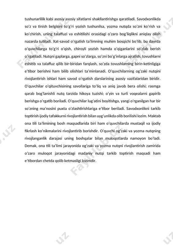 o‘ladi. demak, ona tili ta’limi jarayonida og’zaki va yozma nutqni rivojlantirish zamirida o‘zaro muloqot jarayonidagi madaniy nutqi tarkib toptirish maqsadi ham e’tibordan chetda qolib ketmasligi lozimdir. nazariy qism 2.1.boshlang‘ich sinf ona tili darslariga qo‘yiladigan talablar. umumiy o'rta ta'limni davom ettirish uchun zarur bo'lgan savodxonlik, bilim, malaka va ko'nikmalar asoslarini shakllantirishga qaratilgan. 2021 yil boshida bir guruh tajribali milliy va xalqaro mutaxassislar o'zbekistondagi boshlang'ich sinf o'qituvchilari bilan hamkorlikda 1-4-sinf o'quvchilariga "ona tili va o'qish savodxonligi" hamda "matematika" fanlari bo'yicha o'qitishning yangi standartlarini ishlab chiqdi. o'zbekistonda aqsh xalqaro taraqqiyot agentligi (usaid) hamda xalq ta'limi vazirligi huzuridagi respublika ta'lim markazi hamkorligida "ona tili va o'qish savodxonligi" hamda "matematika" fanlaridan boshlang'ich sinf o'qituvchilari uchun yangi darslik va qo'llanmalar ishlab chiqildi shunga asosan. aqshning toshkentdagi elchixonasi matbuot xizmati xabariga ko'ra, 8 aprel kuni usaid ning o'zbekistonda ta'limni yaxshilash dasturi doirasida ishlab chiqilgan standartlar va kitoblarni ko'rib chiqish bo'yicha seminar bo'lib o'tdi. unda xalq ta'limi vazirligi, …