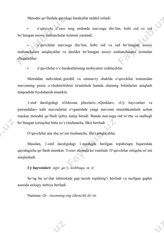 hilar qalbida ona tabiatga muhabbat uyg‘otiladi, uy hayvonlariga nisbatan ijobiy munosabatda bo‘lishga o‘rgatiladi. «videotopishmoq» metodi hozirgi kunda pedagogik faoliyatda turli axborot vositalari (kompyuter, televideniye, radio, nusxa ko‘chiruvchi qurilma, slayd, video va audio magnitofonlar) yordamida ta'lim jarayoni tashkil etilishiga alohida e'tibor qaratilmoqda. o‘qituvchilar oldida ta'lim jarayonida turli axborot vositalaridan o‘rinli va maqsadga muvofiq foydalanish vazifasi turibdi. videotopishmoq metodidan foydalanishda quyidagi harakatlar amalga oshiriladi: · o‘quvchilar e'tiboriga o‘rganilayotgan mavzu mohiyatini tasviriy yoritishga yordam beruvchi izohlarsiz bir nechta videolavha namoyish etiladi; · o‘quvchilar har bir lavhada qanday jarayon aks ettirilganini izohlashadi; · jarayonlarning mohiyatini daftarlariga qayd etishadi; · o‘qituvchi tomonidan berilgan savollarga javob qaytarishadi. mazkur metod asosida mavzuga doir kompyuter orqali videolavha namoyish etiladi. o‘quvchilar videolavha mavzusi, unda ifodalangan mavzu haqida o‘z fikr-mulohazalarini bildirishadi. masalan, «elektr jihozlari» (1-sinf), «yil fasllari» (2-sinf) kabilar asosida o‘quvchilarga milliy an'analarimiz, urf-odatlarimiz, iqtisodiy munosabatlar haqida tushunchalar beriladi. navro‘z udumlari (foydalanish uchun matnlar) navro‘z kuni odam ota-onasi, yaqin kishilari …