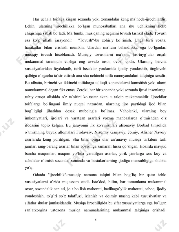 va doimiy mashq kabi xususiyatlar va sifatlar shular jumlasidandir. musiqa ijrochiligida bu sifat xususiyatlarga ega bo`lgan san`atkorgina ustozona musiqa namunalarining mukammal talqiniga erishadi. ijrochi uchun iste`dod-musiqani qalban his etib, mazmunli ifoda etish bo`lsa, bilim- shu iste`dodni musiqa ilmi (musiqiy namunalar, janrlar, ularning tuzuk va metroritmik jihatlari, ijro texnikasi, ijrochilik mahoratlari) bilan sug`orishdir. musiqashunos olim i.rajabov ta`biri bilan aytganda: "shashmaqom va boshqa katta formadagi xalq musiqa asarlarini ijro etishda cholg`uchi va hofiz maxsus malaka hosil qilgan bo`lishi, maqomlarning ijro etish texnikasini yuksak egallagan bo`lishi lozim", ya`ni musiqa ijrochiligi ilmini puxta o`zlashtirishi lozim. ijro talqini esa xonandadan chiroyli, latif va keng diapazonli mukammal ovozni talab etadi. bunda bor ovozdan oqilona foydalanib, to`g`ri idroklash muhimdir. shu bois ayni paytda maqom yo`llari ijrosi uchun hofizda keng diapazon, yoqimli ovoz va yuksak ijro texnikasi bo`lishi shart" qabilidagi talab o`rinlidir. sozandalik san`ati-ustozona musiqa ijrochiligining muhim omillaridan biridir. "har bir musiqachi biladiki, u ragani kuylay oladi, buning …