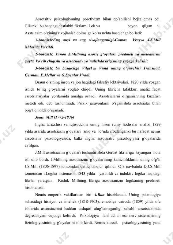iazim g’oyalarini biologik g’oyalar bilan aralashtirib yubordi va natijada psixologiyani biologik evolyutsiyaga yaqinlashtirib qo’ydi. x1x asrda rossiyada psixologiya fanining taraqqiyoti ingliz va nemis psixologiyasiga qaraganda ancha o’rtacharoq rivojlanish xususiyatiga ega bo’ldi. chunki rossiyada tabiiy fanlarning rivojlanishi psixologiya taraqqiyotiga o’zining katta ta’sirini ko’rsatdi. tabiatshunos olimlar k.f. rulya (1814-1858), k.m.ber (1845-1816) yillarning tibbiyot bilimlari sohasida olib borgan ishlari psixologiyasining tabiiy sharoitini yaratishga imkon berdi. psixologiya sohasida p.f.kapterov (1846-1829) pedagogik psixologiyani yaratgan a.a.petebne (1835-1991) va uning shogirdlari v. gulebol’d va g.g. shterilar x1x asrdagi rus psixologiyai maktabiga asos soldi. xulosa. x1x asr birinchi yarmi nemis emperik psixologiyasining rivojlanishiga hissa qo’shgan igerbat , fixner, g.vantes, m.v.darvin, g.shteyntal, g.l.lotse, g.e.meller, k.shtull va hakazo olimlarning hissa qo’shgan ishlari. bu olimlarning olib borgan ilmmiy ishlarining psixologik bilimlarini oshirishda qo’shgan hissasi haqida tahlil qilish bilan birga bilish ko’nikmalarini boyitish. o’rta asr uyg’onish davri psixologiyasi hamda x1x asr psixologiyasida yuzaga kelgan bilimlarni o’zaro bir-biriga bo’lgan ta’sirini farq qiladigan tomonlarini …