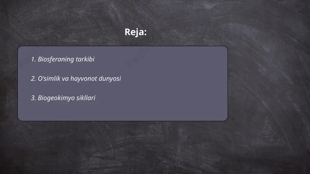 uv, o'simliklar orqali fosforlarning aylanishini tasvirlaydi. oltingugurt sikli gaz va cho‘kmalar orqali amalga oshadi. bu sikllar ekotizimlar sifatini saqlashda va global iqlim o‘zgarishlarida muhim rol o‘ynaydi. ... t.me/slaydai_bot 4. iqlim o'zgarishi va biosfera iqlim o'zgarishi biosferaga katta ta'sir ko'rsatmoqda. haroratning global o'sishi tufayli muzliklar erib, dengiz sathi o'sib bormoqda. 100 yildan kamroq vaqt ichida dunyo bo'ylab harorat 0,8°c ga oshgan. o'rmonlar yiliga 7,3 million gektarga kamaymoqda, bu esa biologik xilma-xillikning yo'qolishiga olib keladi. atmosferadagi co2 darajasi sanoat davridan beri 40% ga ko'paygan. so'nggi 50 yil ichida 60% yovvoyi jonivorlar populyatsiyasi yo'qolgan. havo ifloslanishi tufayli sanoqli yillar ichida 10 milliondan ortiq inson vafot etmoqda. ushbu raqamlar iqlim o'zgarishining biosferaga etkazayotgan jiddiy zararini anglatadi. ... t.me/slaydai_bot biosferaning ekologik tizimlari yer yuzidagi barcha biologik jonzotlar va ular yashaydigan muhit bilan uzviy bog‘liqdir. ushbu tizimlar o‘rmonlar, daryolar, ko‘llar, cho‘llar va okeanlarni o‘z ichiga oladi. dunyo miqyosida biosferaning maydoni 510 million kvadrat kilometrni tashkil qiladi. …