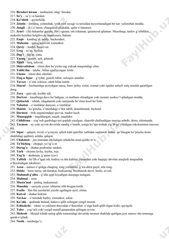 lish – ahd, kirishmoq 149. maqbul – qabul qilingan, e‘tirof etilgan 150. nuqson – me‘yor darajasidan pastlik, yetishmovchilik 151. af‘ol – fe‘l – atvor, xarakter 152. fazl-u kamol – fazilatlar buyukligi 153. musofir – safardagi kishi 154. mijja qoqmay – uyqusiz holda bo‘lish 155. jin ko‘cha – faqat odam yura oladigan, tor; boshi berk 156. qush oshyonasi – qushlarning boshpanasi, qafasi 157. qo‘l ostida bo‘lish – bir kishi yoki narsaning boshqa bir kishi yoki narsaga bo‘ysinishi 158. aysh-u kom – rohat-farog‘at 159. tojdor – hukmdor 160. bojdor – bojxona xodimi, soliq yig‘uvchi 161. ko‘lanka – soya 162. anjuman – yig‘in, majlis 163. af‘ol – fe‘l-atvor 164. nadim – yaqin, sirdosh do‘st, hamsuhbat, shoh saroyida eng yaqin xizmatchi, mahram va maslahatchi 165. nizo qilmoq – ziddiyatda bo‘lmoq 166. mo‘tabar – ulug‘, aziz; o‘zgalar oldida eng oldi, sarasi 167. ilik – qo‘l 168. mucha – oyoq, qo‘l, tana, va bosh 169. mo‘ysafid …