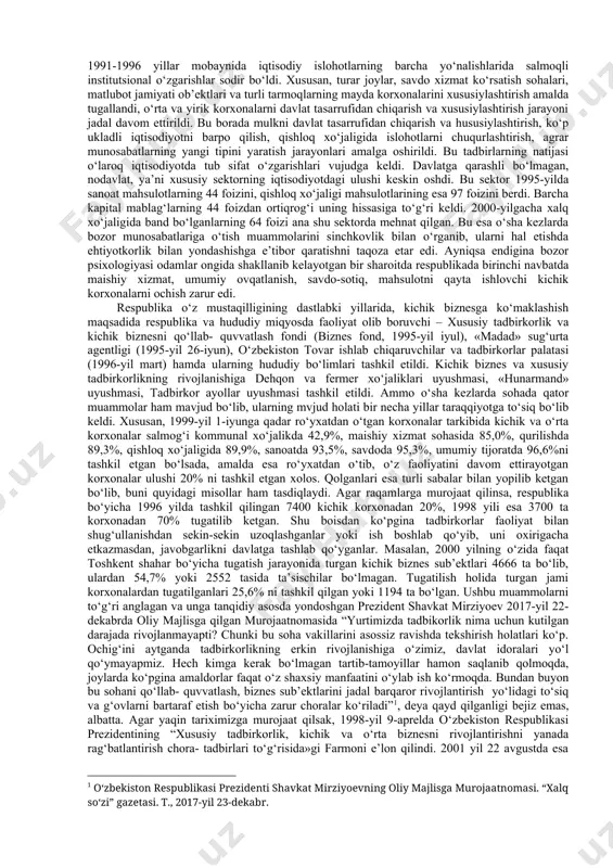 ari keskin tushib ketgan, ishsizlik eng katta muammoga aylangan, ishlab chiqarish pasaygan bir vaqtda mamlakatimizda yalpi ichki mahsulotning o‘sish sur’atlari keyingi besh yilda 8 foizdan ortiqni tashkil etib, har yili bir million atrofida yangi ish o‘rni tashkil etilayotgani, rivojlangan mamlakatlarda tashqi qarzlar ko‘payib borayotgani jiddiy xavotir tug‘dirayotganda esa o‘zbekistonning tashqi qarzi yalpi ichki mahsulotning 10 foizidan oshmayotgani, davlat byudjeti yildan- yilga profitsit bilan bajarilayotgani milliy taraqqiyot modelining naqadar hayotbaxshligi va barqaror taraqqiyotning bu boradagi asosiy tamoyilga aylanganidan dalolat beradi. ma’lumki, sobiq ittifoq davrida respublikamiz iqtisodiyoti bir tomonlama va asosan paxta etishtirishga yo‘naltirilgan bo‘lib, mash’um salbiy oqibatlarga olib kelgan paxta yakkahokimligi avjga chiqqan, xalqning qadr-qimmati toptalib, uning o‘zi va kelajagiga ishonchi so‘ngan edi. o‘sha davrda qoloq ishlab chiqarishga ega bo‘lgan, sobiq ittifoqda aholi jon boshiga iste’mol darajasi bo‘yicha eng past o‘rinda turgan respublikani tarixan qisqa bir davrda mustaqillikka erishib, ulkan marralarni qo‘lga kiritadi. buning natijasida mamlakat qiyofasi butunlay o‘zgarib, uning jahon …