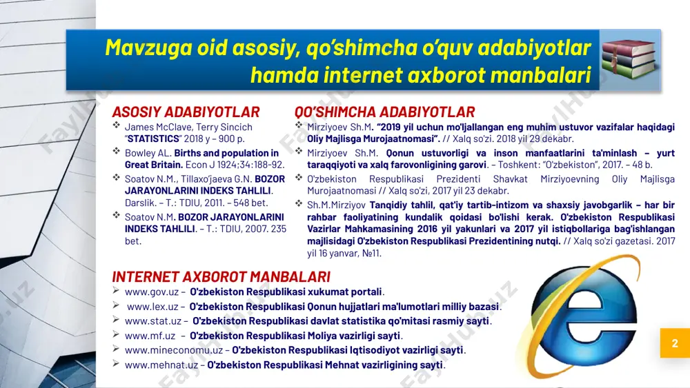 chegaraviy tanlama kuzatish xatolari. tanlama kuzatish zaruriy miqdorini aniqlash usullari. tanlama kuzatish ma'lumotlarini bosh to'plamga tarqatish usullari. 3 reja: tanlama kuzatish to'g'risida tushuncha 4 tanlama kuzatish - bosh to'plamdan ma'lum qoidalar asosida ajratib olingan birliklar o'rganilib, olingan natijalarga asoslanib bosh to'plam to'g'risida ma'lumotlar olish. ushbu mavzu ehtimollar nazariyasi, matematik statistika va oliy matematika fanlari bilan chambarchas bog'langan. o'rganilishi lozim bo'lgan to'plam bosh to'plam deb nomlanib, undagi birliklar soni “n” harfi bilan belgilanadi. tanlama kuzatish to'g'risida tushuncha 5 tekshirish uchun bosh to'plamdan tanlab olingan qism tanlama to'plam deb nomlanadi va undagi birliklar soni “n” harfi bilan belgilanadi. masalan, xo'jalikdagi jami maydon – 1000 gani “n” harfi bilan belgilab olsak, kuzatilayot-gan maydon – 150 ga “n” harfi bilan belgilanadi. “n” (1000 ga) “n” (150 ga) tanlama kuzatish to'g'risida tushuncha 6 bosh to'plam uchun hisob-langan biron bir belgi-ning o'rtachasi – bosh to'plam o'rtachasi “x” katta harfi bilan belgilanadi. tanlama to'plam uchun hisoblangan biron …