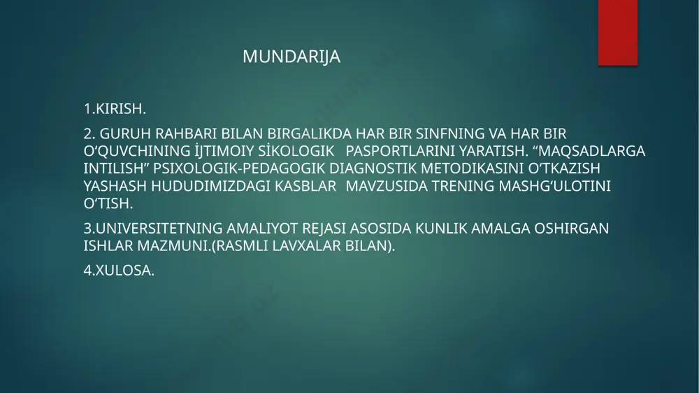kerakli qadamlarni rejalashtirish bo‘yicha savollar berdim. natijalar asosida o‘quvchilarning psixologik holatini va maqsadlariga intilish darajasini tahlil qilib, kelajakda ular uchun zarur qo‘llab-quvvatlash va maslahatlar berishni rejalashtirdim. amaliyotning uchinchi kuni 05.03.2025 bugun 001-006 kodlash tizimi asosida korrektsion reja ishlab chiqdim va guruhlarni shakllantirdim. barcha parallel sinflardan o‘quvchilarni turli yo‘nalishlar bo‘yicha guruhlash orqali ularning ehtiyojlariga mos ravishda ijtimoiy-psixologik yordam ko‘rsatishni maqsad qildim. guruhlar shakllantirilgach, har bir guruhga xos psixologik va pedagogik yondashuvlar belgilandi, shu jumladan, ularning shaxsiy va ijtimoiy rivojlanishini qo‘llab-quvvatlash uchun zaruriy chora-tadbirlar ishlab chiqildi. bu reja o‘quvchilarning o‘zaro aloqalarini mustahkamlash, psixologik muammolarni hal qilish va ularning o‘z maqsadlariga erishishda yordam berish uchun samarali bo‘lishi kutilmoqda. amaliyotning to’rtinchi kuni 06.03.2025 bugun 8-9-sinf o‘quvchilari bilan "ruhiyat olamiga sayohat" mavzusida trening o‘tkazdim. trening davomida o‘quvchilarga o‘z ruhiy holatlarini anglash, hissiyotlarini boshqarish va ichki dunyosini tushunish bo‘yicha mashqlar va interaktiv faoliyatlar o‘tkazildi. o‘quvchilar o‘zlarining ruhiy holatlari va ularning o‘zgarishlari haqida suhbatlashdi, shuningdek, o‘zaro tajriba …