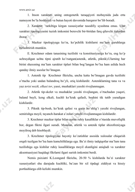 oyilroq deb hisoblaydi. 3. krechmer tipologiyasi hayotiy ko’zatishlar asosida xulosalar chiqarish orqali tuzilgan bo’lsa ham kamchiliklarga ega. ba’zi ilmiy tadqiqotlar ma’lum tana tuzilishiga ega kishilar ruhiy kasalliklarga moyil ekanligini aniqladi va xarakter aksentuasiyasi haqidagi fikrlarni ilgari surish imkonini berdi. nemis psixiatri k.leongard fikricha, 20-50 % kishilarda ba’zi xarakter xususiyatlari shu darajada kuchliki, ba’zan bir xil tipdagi ziddiyat va hissiy portlashlarga olib kelishi mumkin. xarakter aksentuasiyasi biror xususiyatning boshqalari zarariga kuchli rivojlanishi va atrofdagilar bilan munosabatlarining yomonlashuviga olib kelishidir. xarakter aksentuasiyasi turli darajada engil va hatto psixologiya darajasigacha bo’lishi mumkin. o’smirlar orasida xarakter aksentuasiyasi ko’p (50-80%) uchraydi. uni turli psixodiagnostik testlar, masalan, shimshek testi orqali aniqlash mumkin. k. leongard tomonidan xarakter aksentuasiyasi quyidagina tasniflanadi: 1. gipertim tip. haddan tashqari aloqaga kirishuvchan, ko’p gapiradi, imo-ishora, mimikaga boy, suhbat mavzusini burib yuborishga moyil, ko’pincha xizmatga doir va ommaviy majburiyatlarni unutib qo’yganligi sababli ziddiyatlar kelib chiqadi. 2. distim tip. kamgap, muloqotga kirishishga qiynaladi, pessimist, …