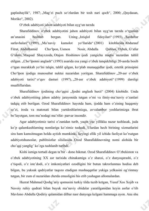 juda ko’p qalamkashlarning nomlariga ko’zimiz tushadi. ulardan hech birining xizmatlarini sira ham kamsitmagan holda aytish mumkinki, keyingi ellik yil ichida faoliyat ko’rsatgan adabiyotshunoslar, publitsistlar silsilasida ozod sharafiddinovning nomi alohida bir cho’qqi yanglig’ ko’zga tashlanib turibdi. kishi ismiga tortadi degan ta’bir - dono hikmat. ozod sharafiddinov o’zbekiston va o’zbek adabiyotining xx asr tarixida chinakamiga o’z shaxsi, o’z dunyoqarashi, o’z e’tiqodi, o’z iste’dodi, o’z imkoniyatlari ozodligini bir butun takrorlanmas hodisa deb bilgan, bu yuksak qadriyatlar taqozo etadigan mashaqqatlar yukiga yelkasini og’rinmay tutgan, bir zum el nazaridan chetda emasligini his etib yashagan allomalardan. hazrat mahmud qoshg’ariy qomusini turkiy tilda tuzib ketgan, yusuf xos xojib va navoiy ruhiy qudrati bilan buyuk ma’naviy obidalar yaratilganidan keyin asrlar o’tib mavlono abdulla qodiriy qalamidan dilbar nasr dunyoga kelgani hammaga ayon. ana shu silsilada davr taqozosi bilan uzilish sodir bo’lganida ozod sharafiddinov degan munaqqid dunyoga kelishi tabiiy edi. gap shundaki, odil yoqubov nasri va abdulla oripov nazmi yangi …