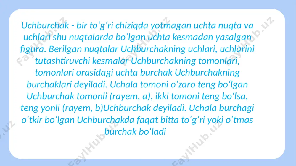 . uchala burchagi oʻtkir boʻlgan u. oʻtkir burchakli (rayem, v), burchaklaridan biri toʻgʻri boʻlsa, toʻgʻri burchakli (rayem, g), burchaklaridan biri oʻtmas boʻlsa, oʻtmas burchakli (rayem, d) deyiladi. u.da faqat bitta toʻgʻri yoki oʻtmas burchak boʻladi (chunki u.ning barcha burchaklari yigʻindisi ikki toʻgʻri burchak, yaʼni 180° yoki radian oʻlchovida ya ga teng). u.ning yuzi s = u ah ga teng [a — u. tomonlaridan biri, h — esa oʻsha tomonga tushirilgan balandlik (rayem, ye)]. u. har tomonining uzunligi qolgan ikki tomon uzunliklari yigʻindisidan kichik, ayirmasidan esa kattadir. (chunki hburchak.ning barcha burchaklari yigʻindisi ikki toʻgʻri burchak, yaʼni 180° yoki radian oʻlchovida ya ga teng). uchburchak.ning yuzi s = u ah ga teng [a — uchburchak tomonlaridan biri, h — esa oʻsha tomonga tushirilgan balandlik (rayem, ye)]. uchburchak har tomonining uzunligi qolgan ikki tomon uzunliklari yigʻindisidan kichik, ayirmasidan esa kattadir. quyidagi shartlardan biri bajarilsa, ikki u. teng boʻladi: 1) tomonlari moye ravishda teng; …