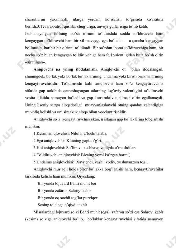 i so’zi tog’lar (ega) so’ziga tobelangan bo’lib, o’z navbatida oq so’zini o’zi tobelangan. aniqlovchi gapda turlicha ifodalanishga ega. aniqlashning o’ziga xosligiga ko’ra, aniqlovchining materiali ham, shunga muvofiq, uning kengayuvchi so’z bilan sintaktik aloqasi ham turlicha bo’ladi. aniqlovchining turlari. predmetning qandayligi, tusi, xususiyati, maza-ta‘mi, shakli, tabiati kabilarni muayyanlashtirish lozim bo’lganda aniqlovchi sifat, sifatdosh, ba‘zan ot turkumlaridan bo’lgan so’zlar bilan ifodalanadi. biror shaxs yoki predmetga qarashlilikni anglatish zaruriyati bo’lganda aniqlovchi ot yoki ot o’rnidagi so’z bilan ifodalanadi. shunga ko’ra, aniqlovchi ikki xil bo’ladi: 1.belgini muayyanlashtiruvchi aniqlovchi (sifatlovchi) 2.qarashlilikni muayyanlashtiruvchi aniqlovchi (qaratuvchi). sifatlovchi aniqlovchi quyidagicha ifodalanadi: 1.sifat bilan: a‘lo mamlakatning a‘lo farzandi, bilib qo’yki, seni vatan kutadi. 2.sifatdosh bilan: oqar daryo oqmasdan qolmas. 3.ravish bilan: kechagi noxush manzarani bir umr unutmasa kerak. 4.son bilan: o’ninchi yillarning sargardonligi. 5.belgi aniqlovchisi (sifat vazifasidagi) ot bilan: anor yuz, oltin kuz. 6.olmosh bilan: qaysi yuzim bilan unga qarayman? qaratuvchi aniqlovchi quyidagi so’zlar bilan ifodalanadi: 1.ot yoki ot …